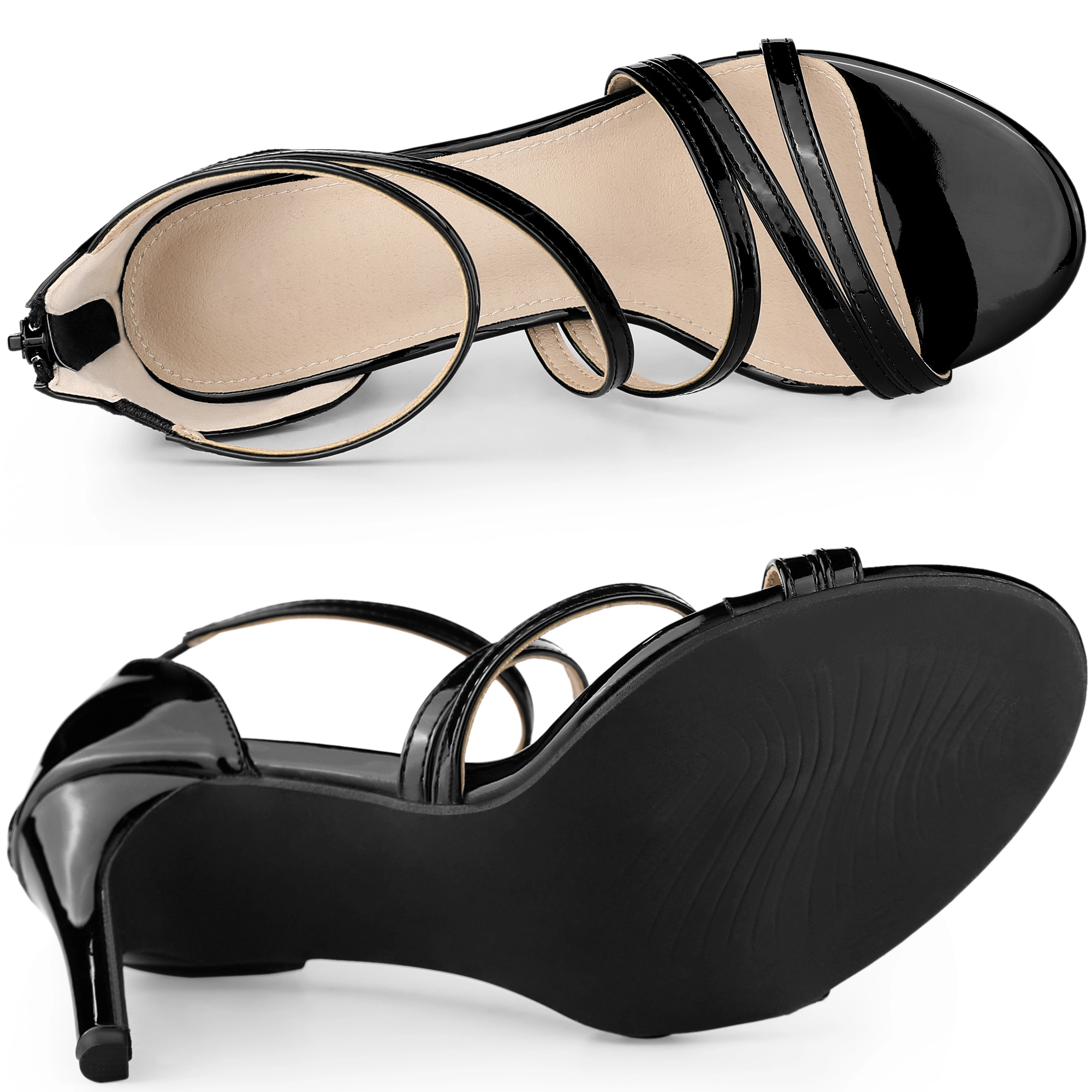 BLISSFUL STEP Women's Strappy Ankle Strap Back Zip Stiletto Heel Sandals