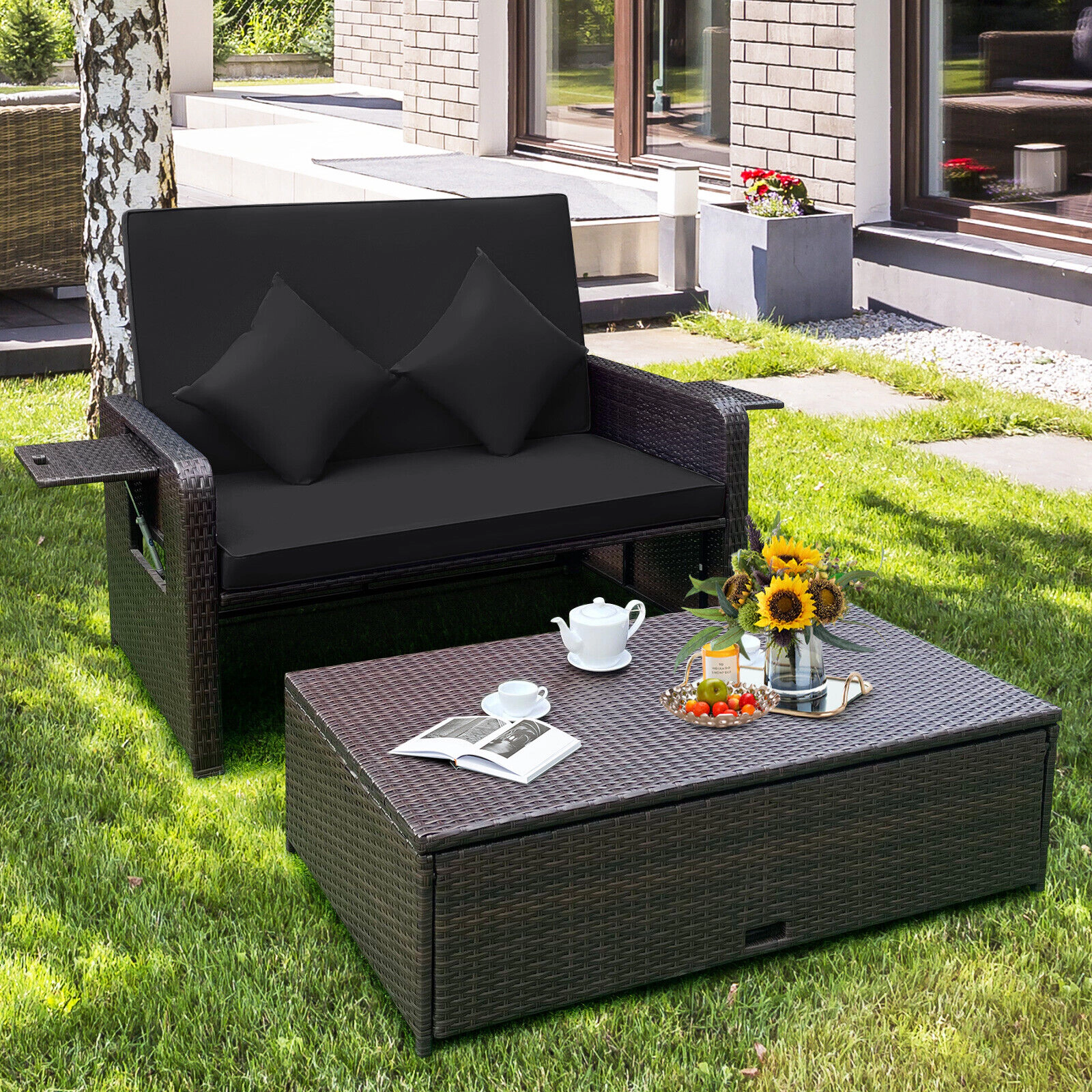 SUGIFT Black 4-Level Adjustable Backrest and Retractable Side Tray Patio Rattan Daybed