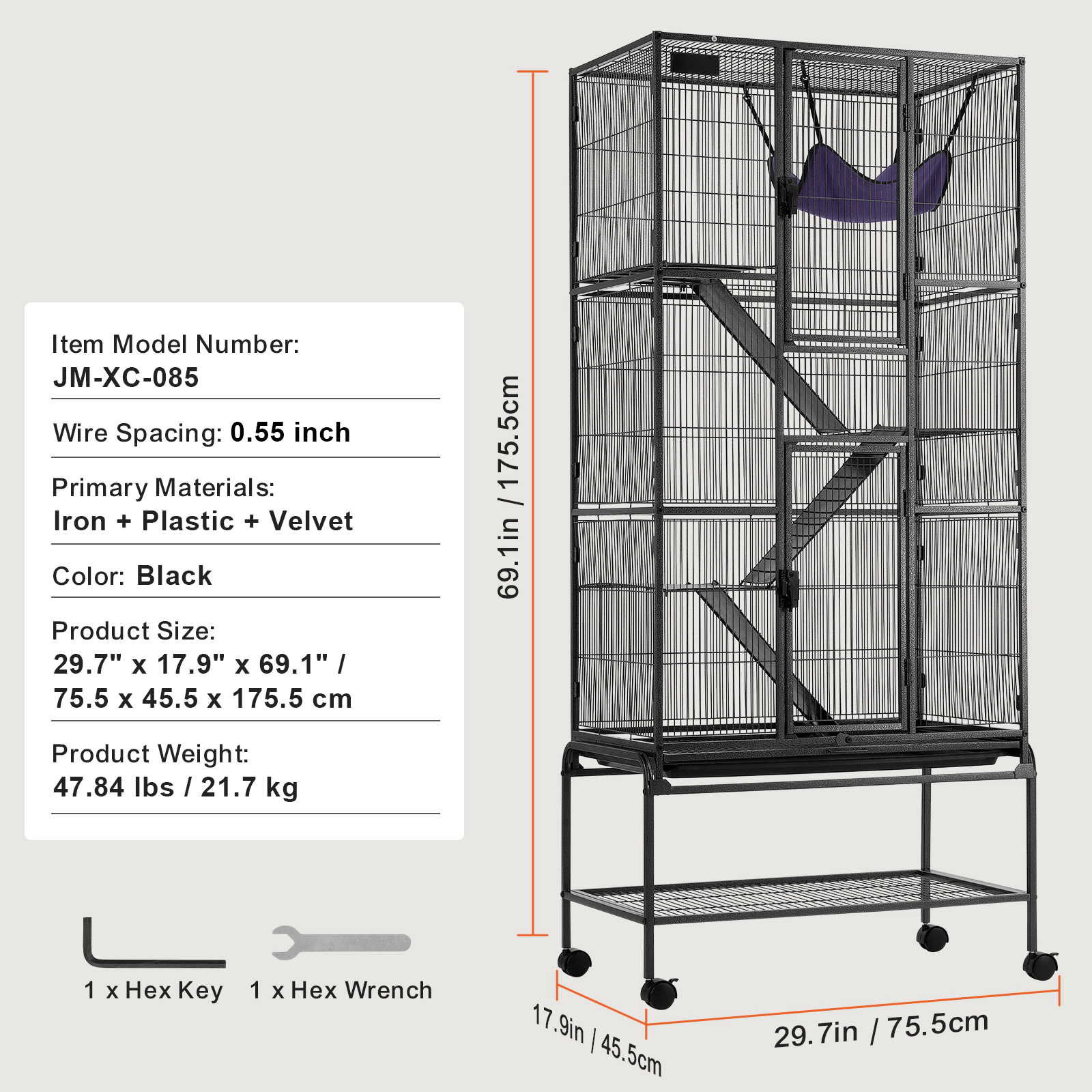 HONGGE Rolling Metal Ferret Cage Large Cage Small Animal Cage with Ramps & Tray Easy to Set up for Pet Rats Hamster