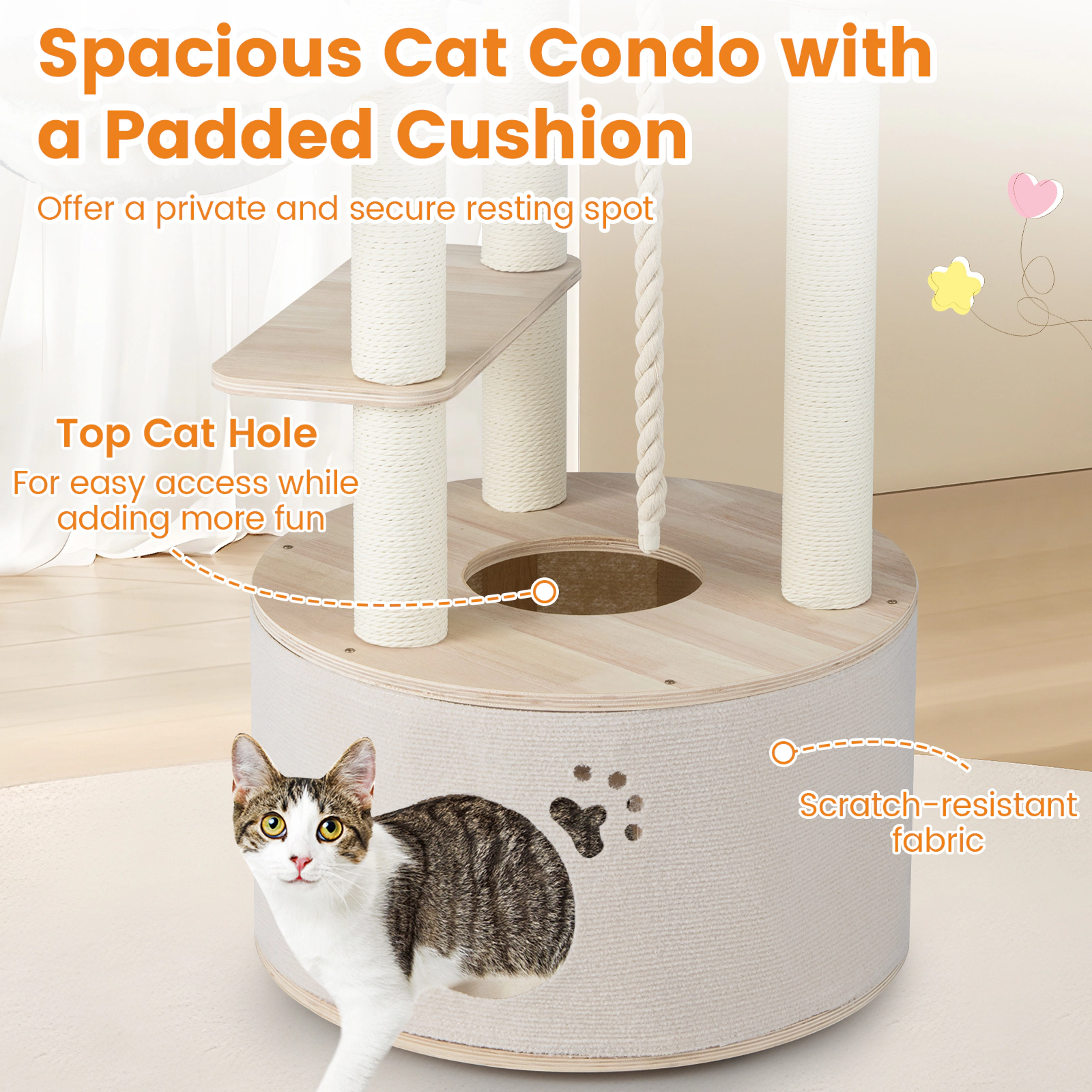 SUGIFT 55.5-in Natural Wooden Cat Tree with Top-Hole Condo Curved Perch Basket and 3 Washable Platforms