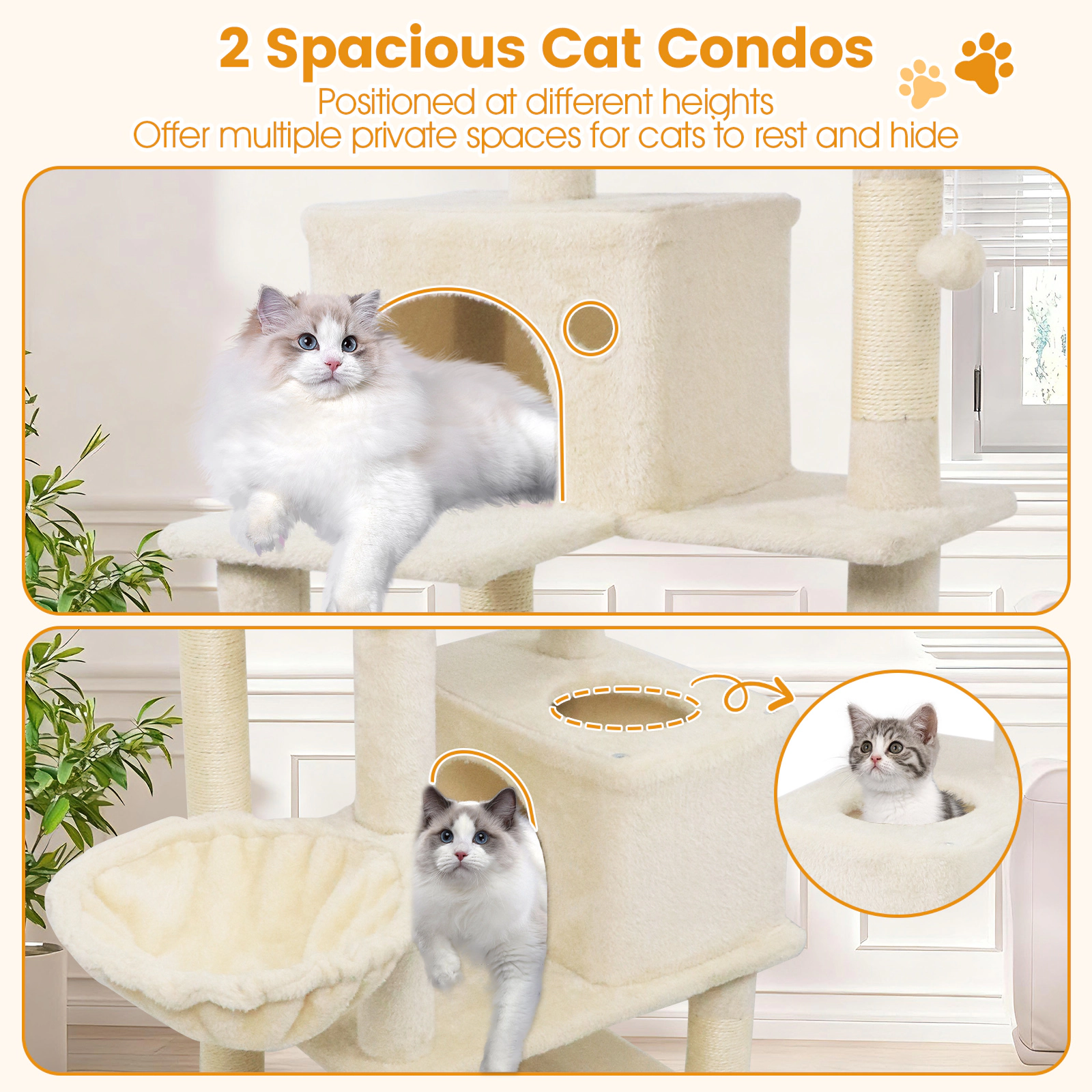 SUGIFT 66 Cat Tower with 2 Condos Perches Hammock and Woven Basket