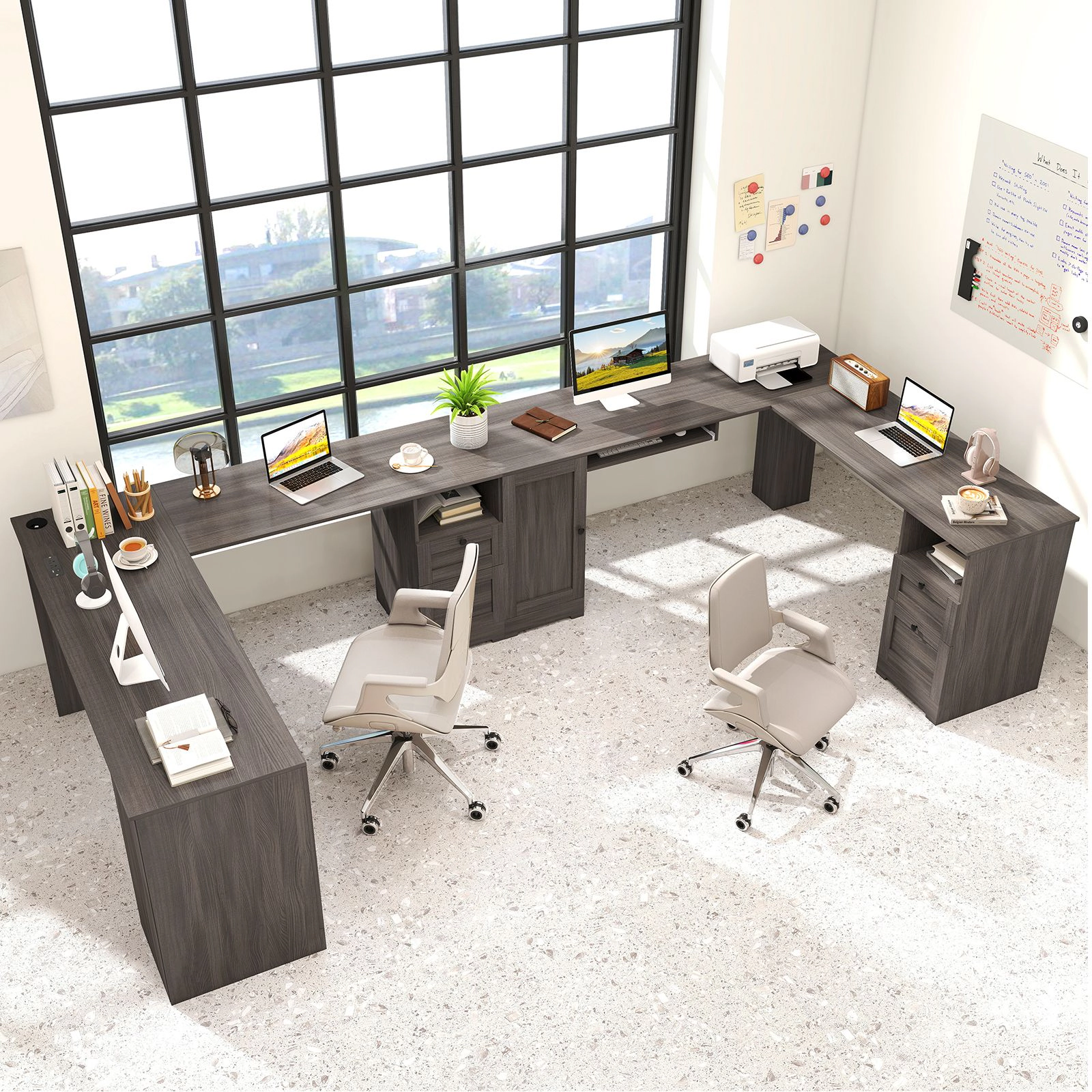 SlickBlue L-Shaped Computer Desk With Cabinet & Charging Station