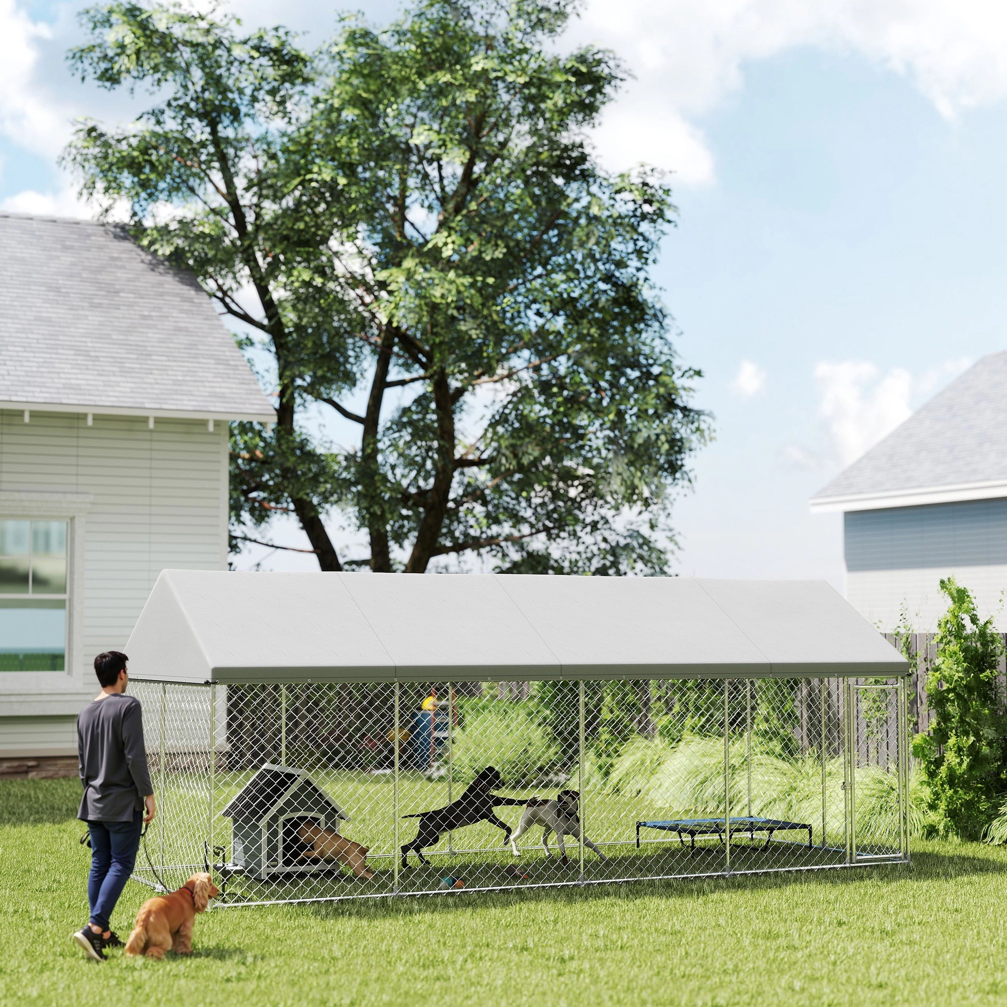 HONGGE Heavy Duty Outdoor Dog Kennel with Waterproof Roof, Secure Latch, Chain Link Dog Run for Backyard