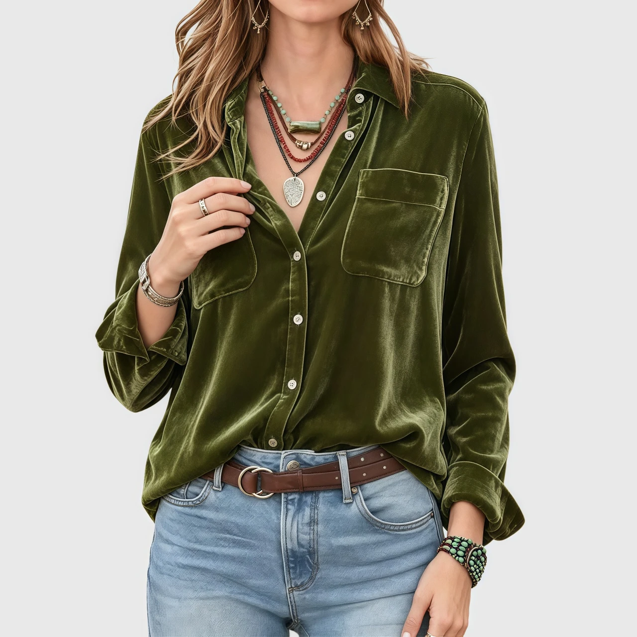 YesFashion Womens Velvet Shirts Long Sleeve Button Down Casual Blouses Tops