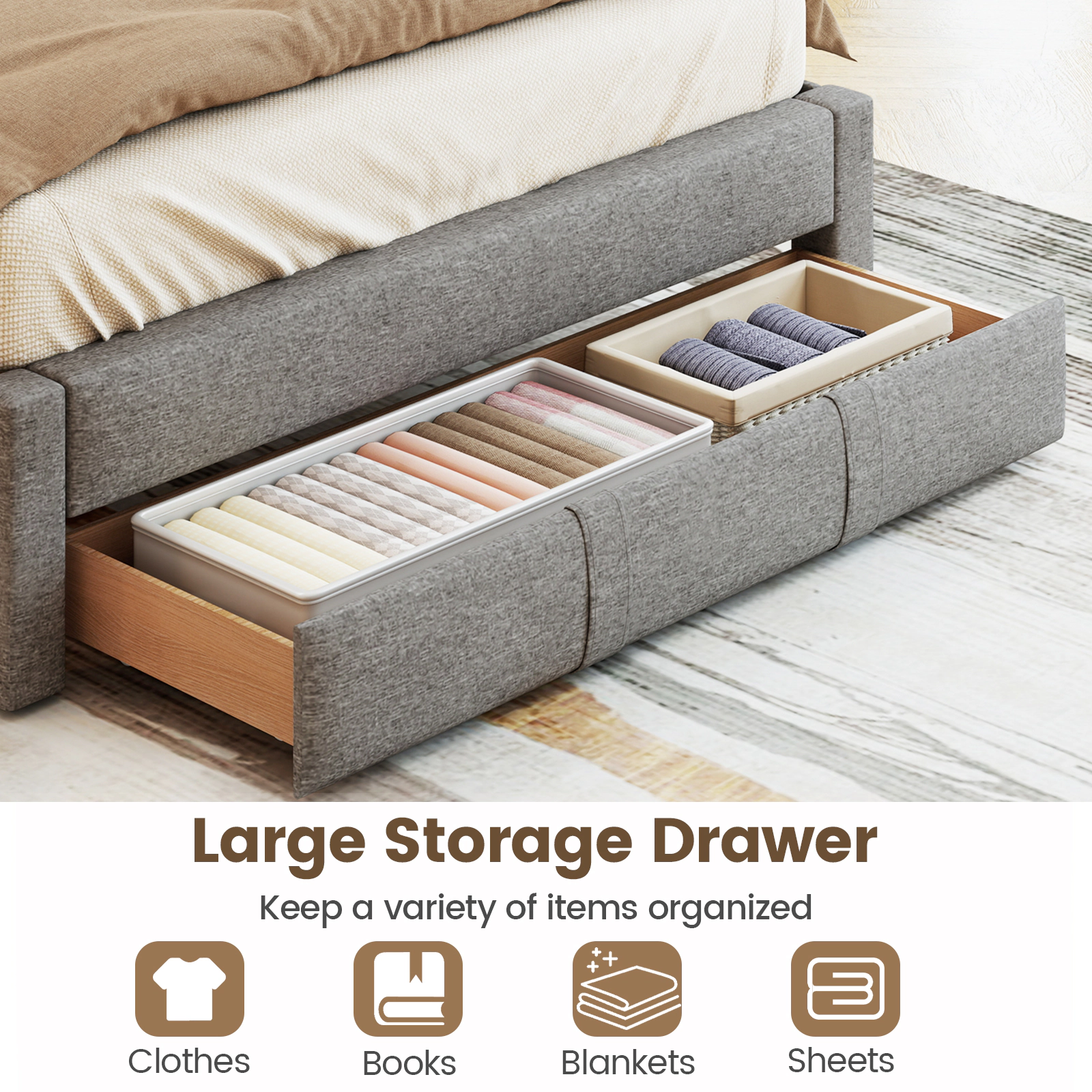 SUGIFT Upholstered Queen Bed Frame with Storage Drawer and Vertical Channel Headboard 800-lb Capacity Beige