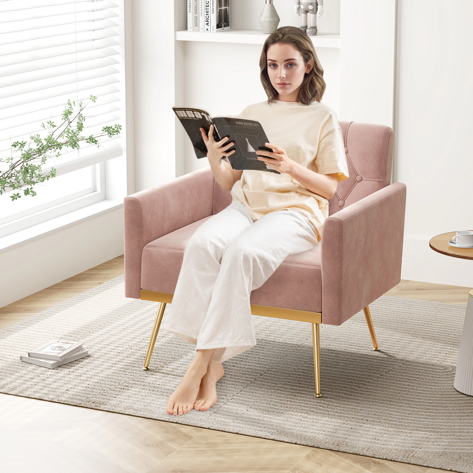 Velvet Accent Chair Pink Button Tufted Back with 25-in Wide Seat Gold Metal Legs Adjustable Levelers Spring Seat