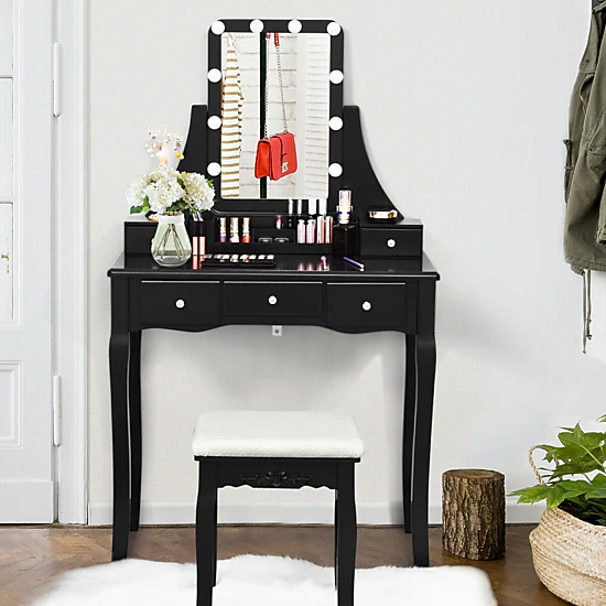 LJG 10 Dimmable Light Bulbs Vanity Dressing Table with 2 Dividers and Cushioned Stool