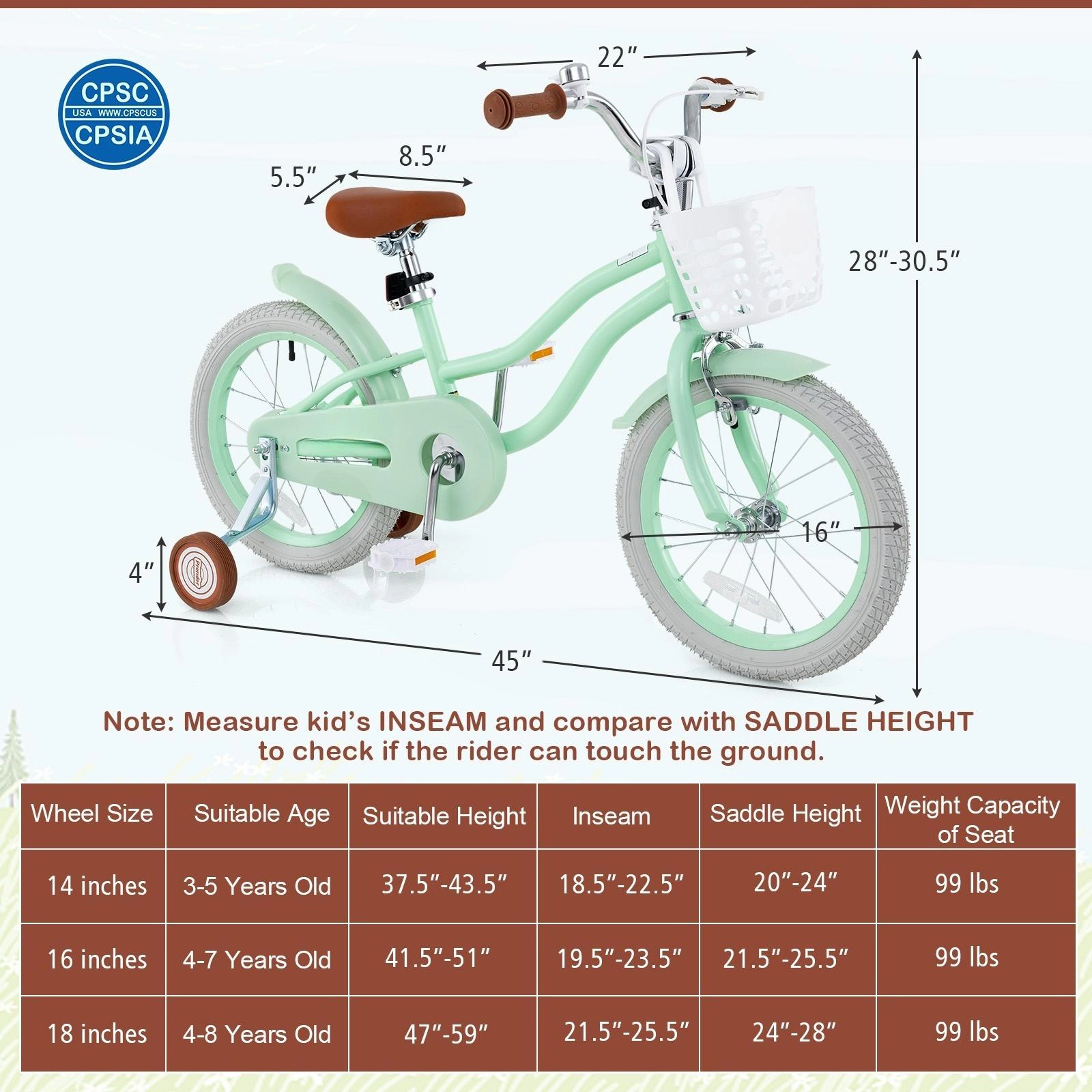 SUGIFT 16-Inch Kids Bicycle with Adjustable Seat, Basket, Training Wheels 99-lb Seat Capacity Ages 4-7 Mint Green