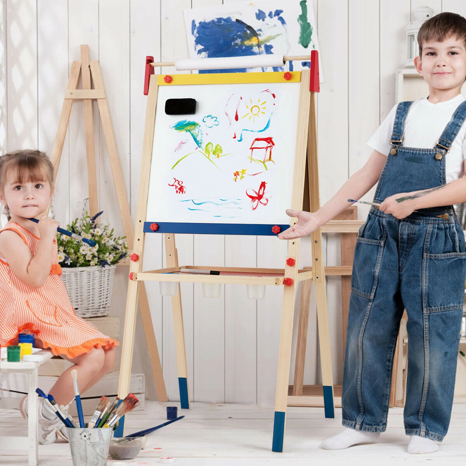 All-in-One Wooden Kids Art Easel 26 Magnetic Letter Stickers Double-Sided Whiteboard Chalkboard 3 Heights to 49 in