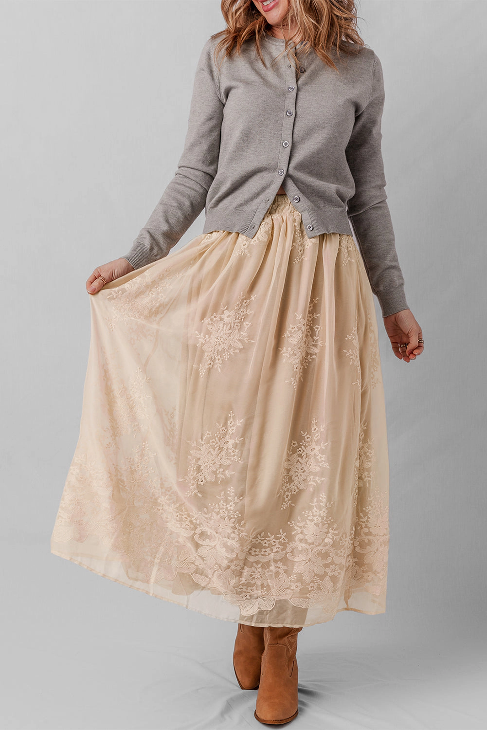 Threaded Pear Women's Vivienne Embroidered Mesh Overlay Long Skirt