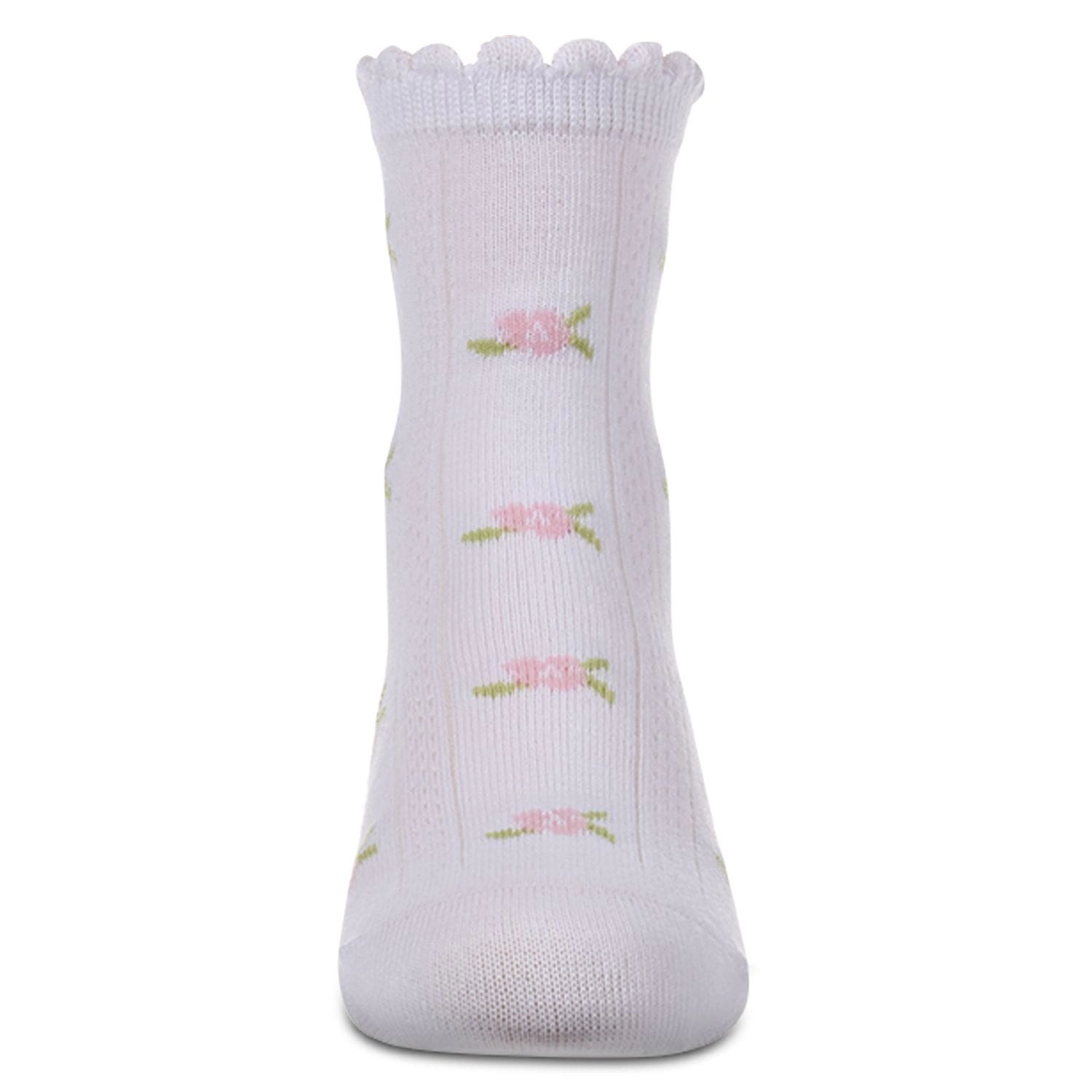 MeMoi Girls Cotton-Rich Scallop-Trim Crew Sock with Mini-Floral Pattern