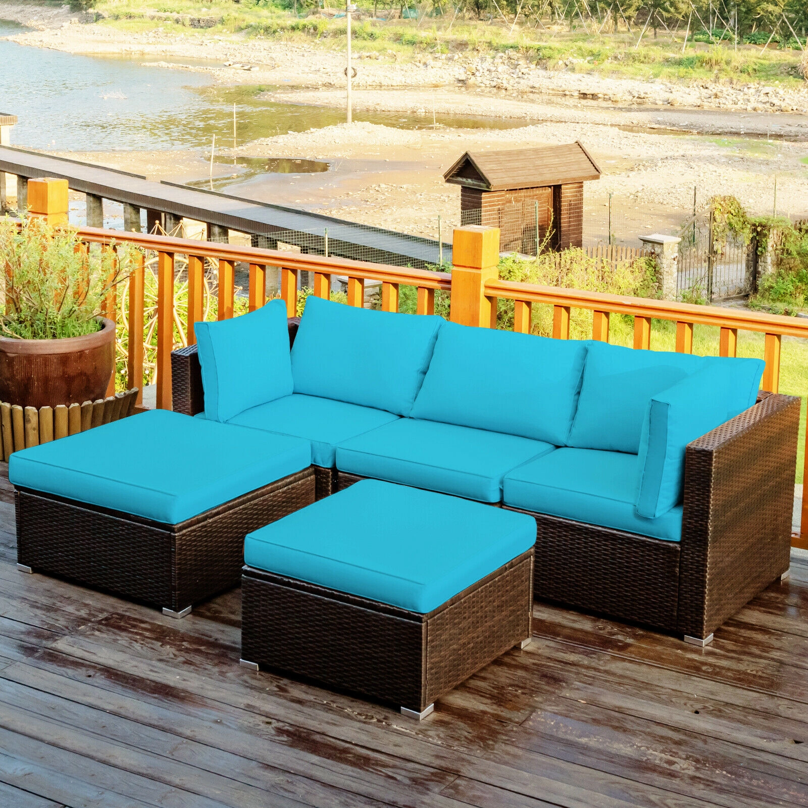 LJG 5 Pieces Patio Rattan Sectional Conversation Ottoman Furniture Set