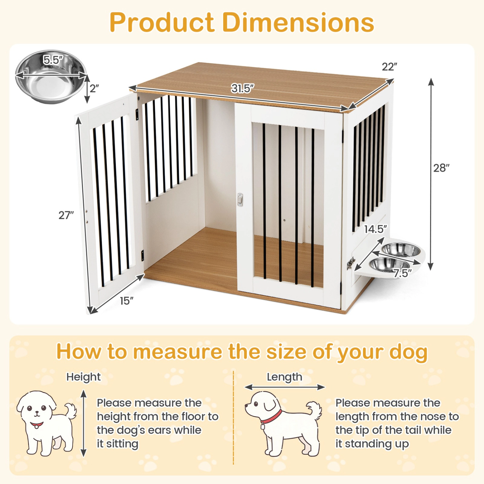 SUGIFT 31.5 in Dog Crate Furniture White Wooden Kennel with Double Lock Doors and Rotating Feeder
