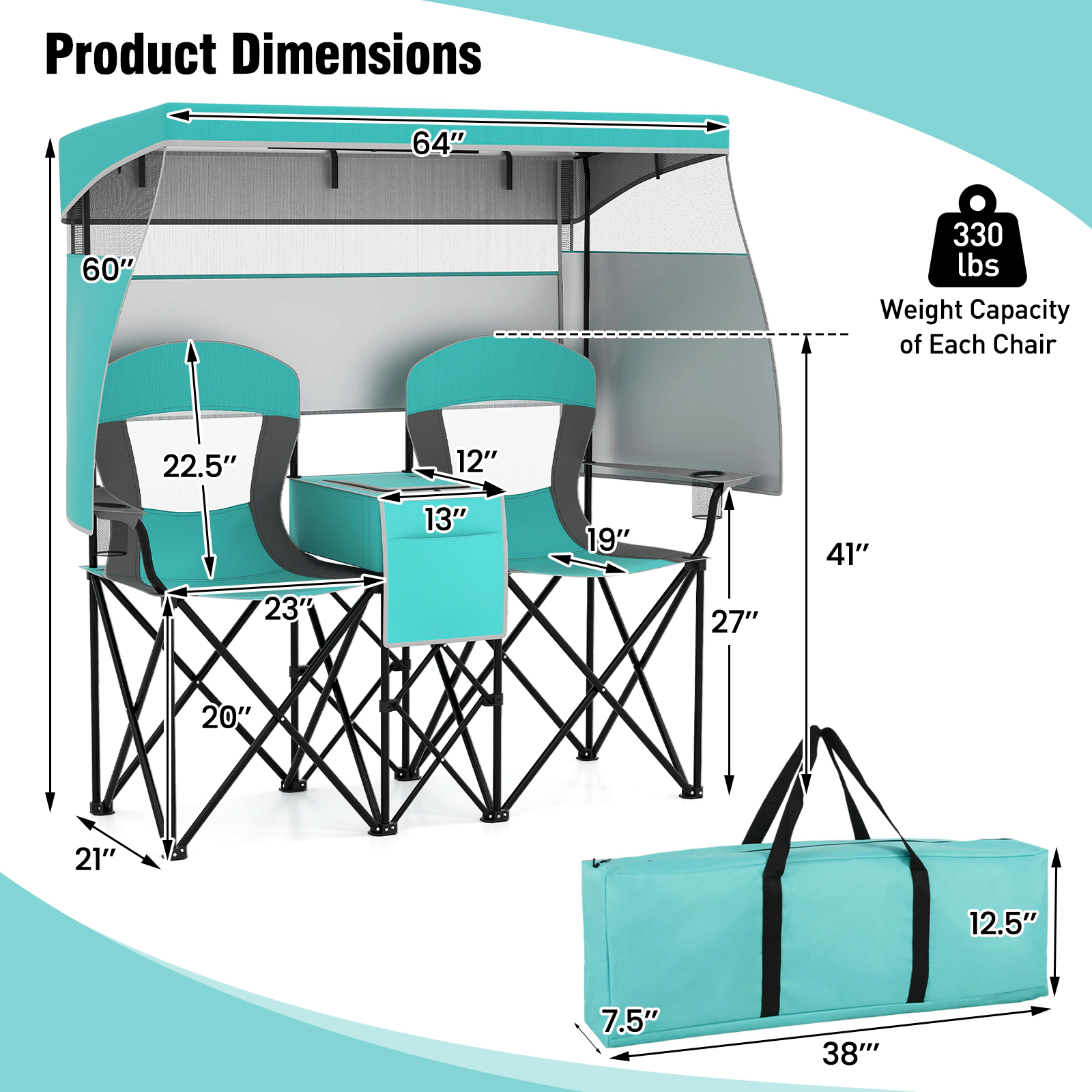 SUGIFT Double Beach Chair Turquoise with Adjustable Canopy and 3 Side Shading Curtains