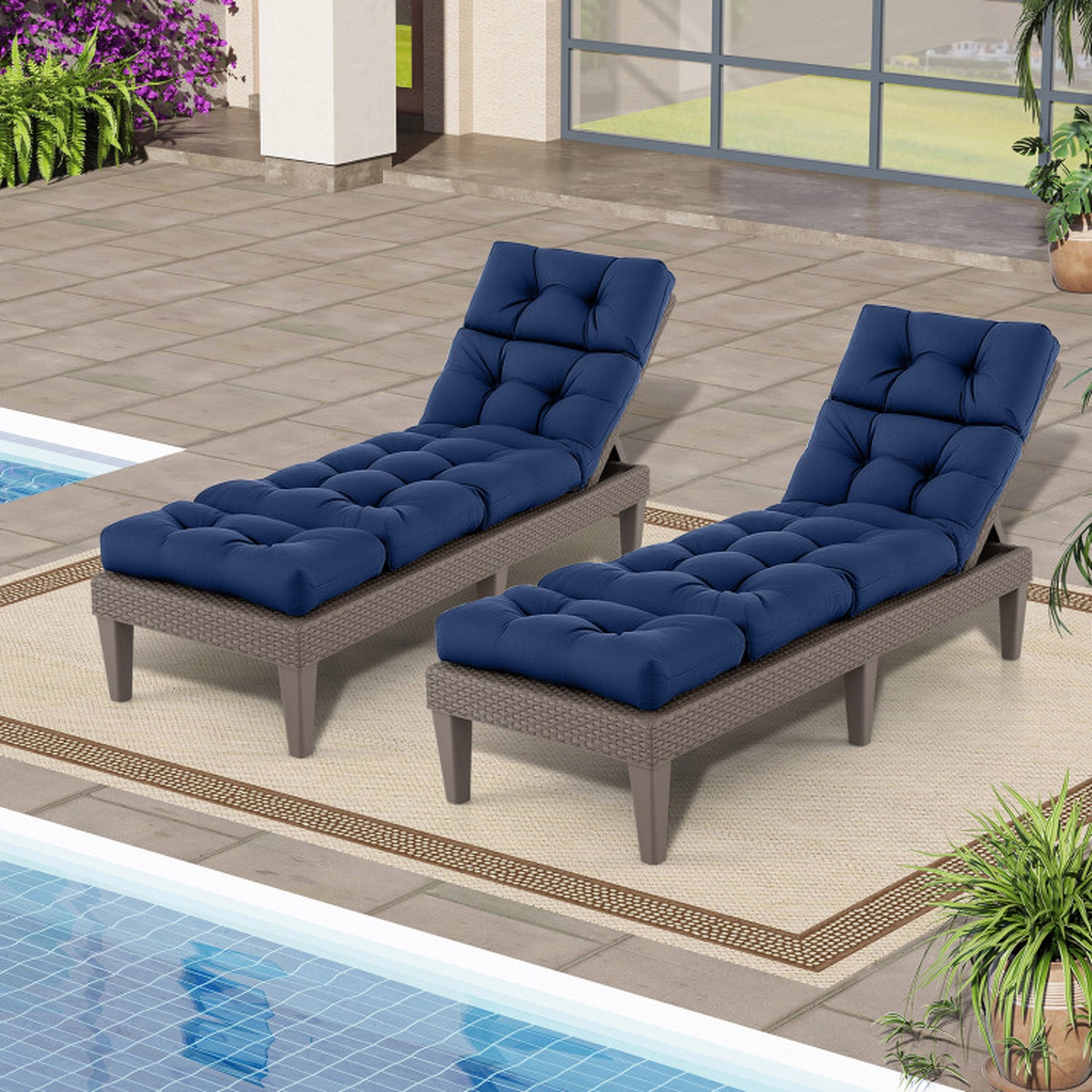 SUGIFT 2-Pack 73-in x 22-in Navy Waterproof Outdoor Lounge Chaise Cushions with High Back and 4 String Ties