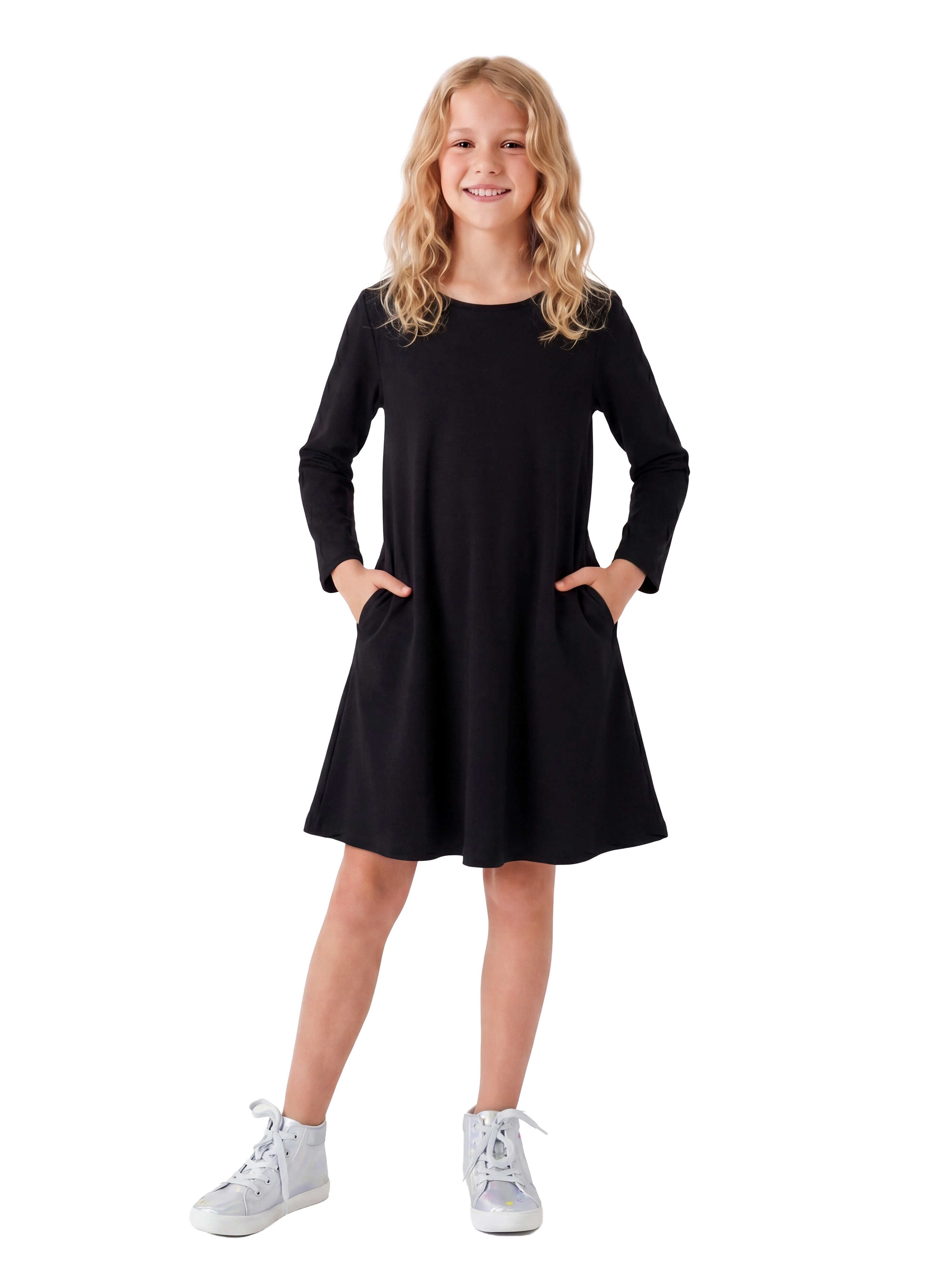24sevenKid Essential Girls Long Sleeve Loose Fit Knee Length Tunic Pocket Dress