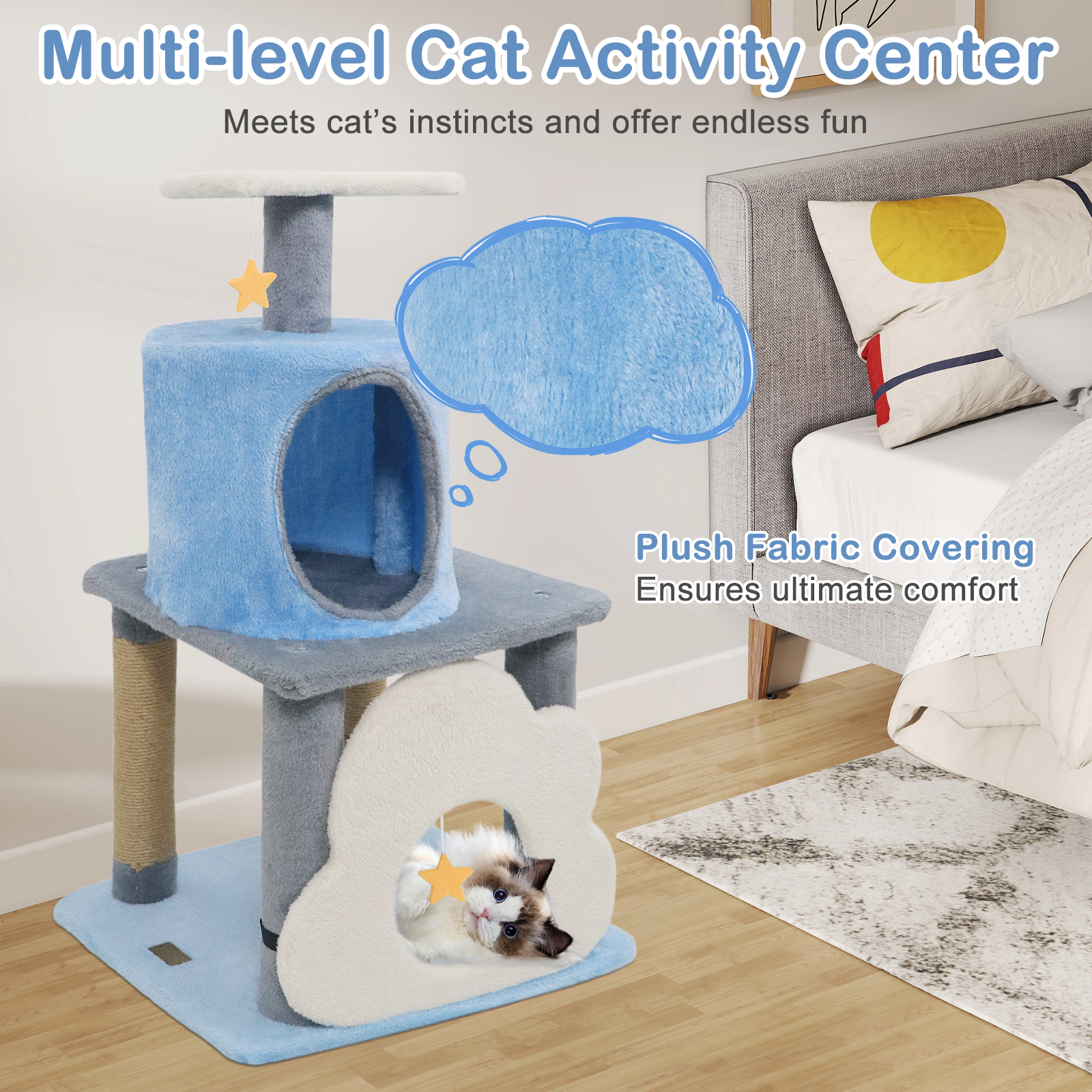 SUGIFT 31.5-in Blue Multi-Level Kitten Cat Tree Tower with Cloud Cave Moon Top Perch and 33-lb Condo