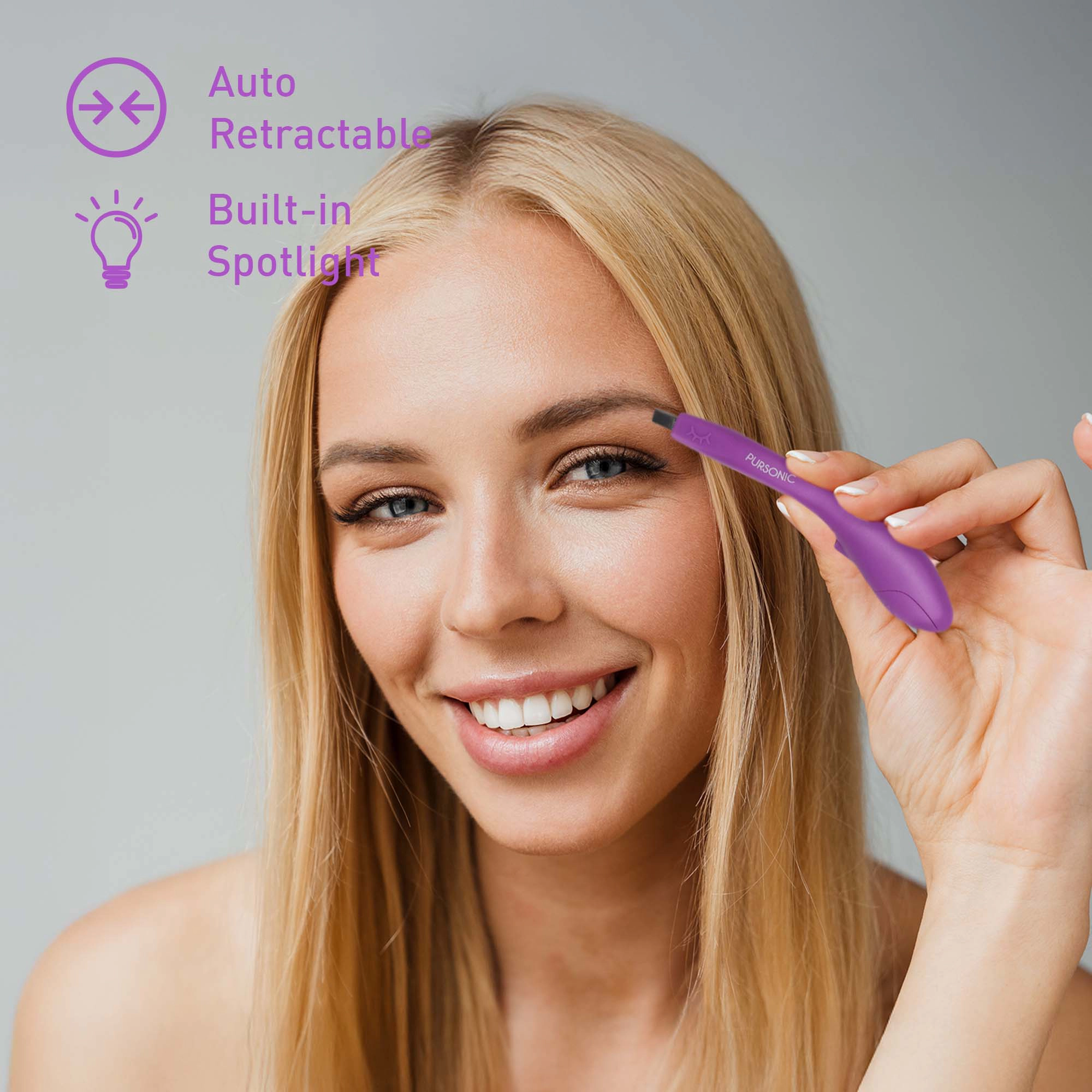 Pursonic Women's Stainless Steel Automatic Retractable Precision Eyebrow Tweezers with Built-In LED Spotlight
