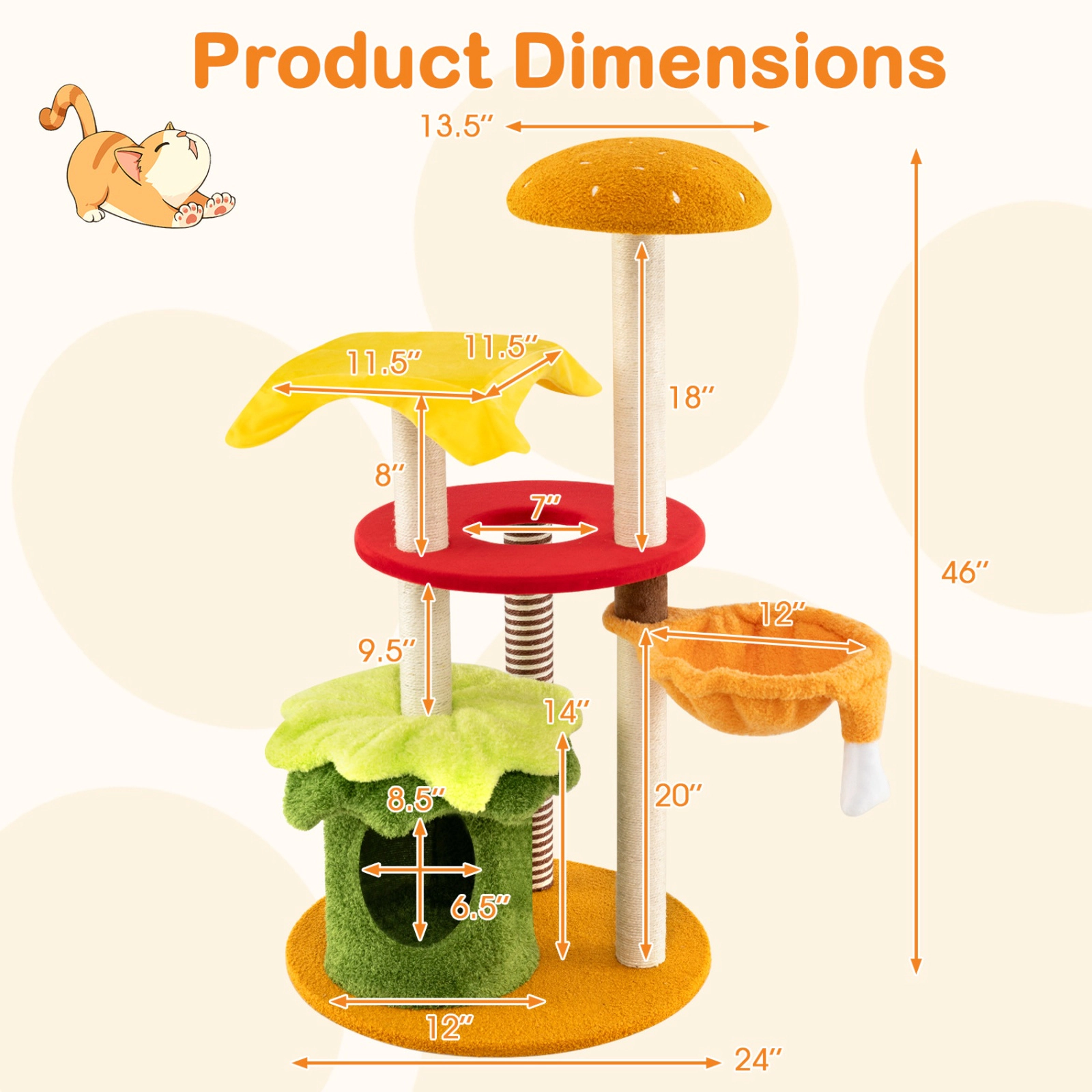SUGIFT Yellow 46 in Hamburger Cat Tree with Hanging Basket Bed and Padded Perch