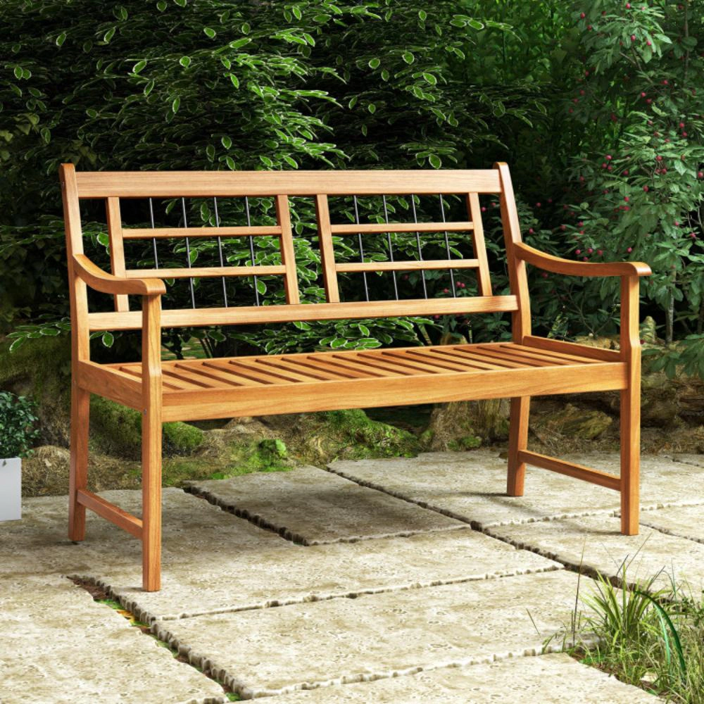 Hivvago Patio Acacia Wood Bench With Curved Armrests Slatted Seat And Backrest