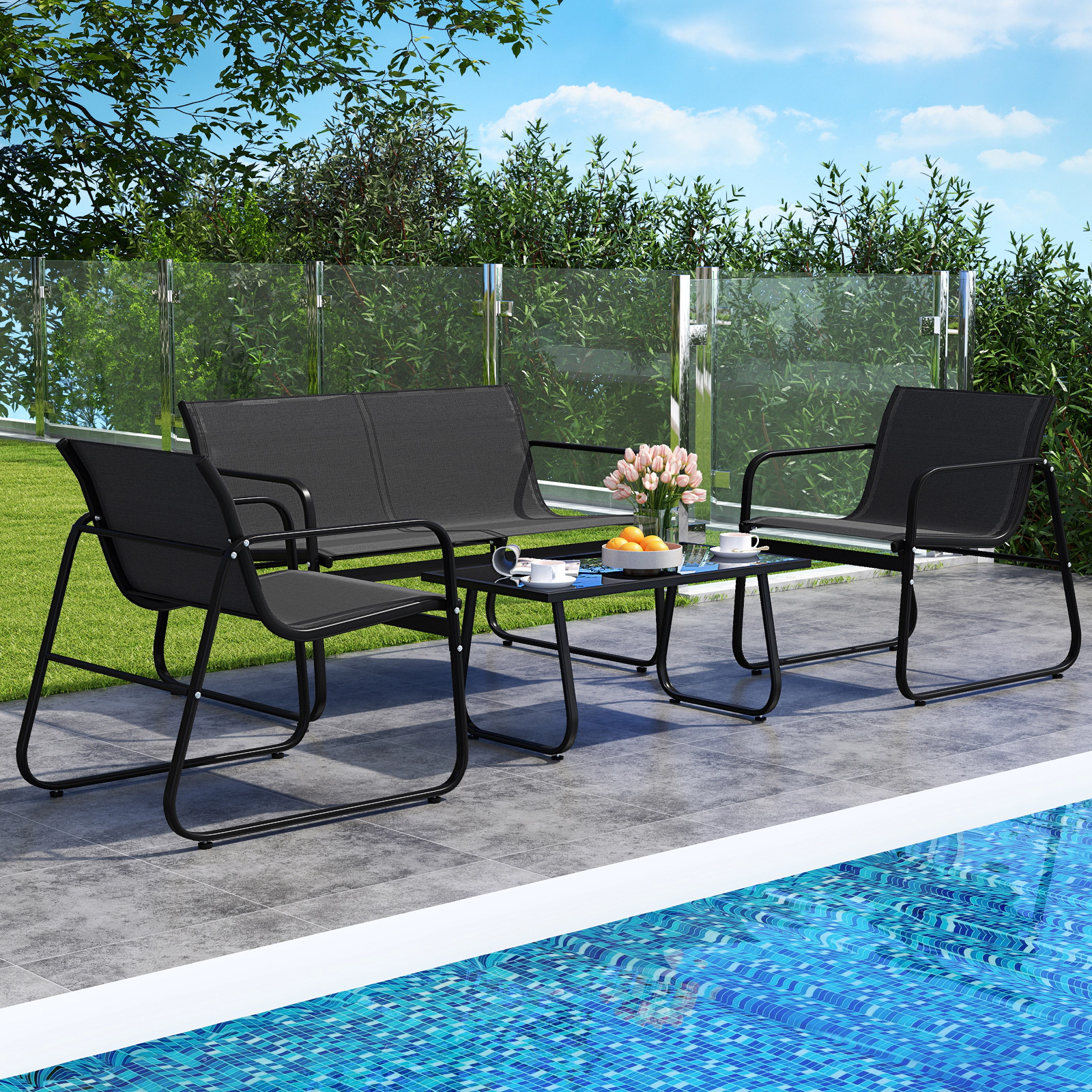 SUGIFT Fabric Lawn Chairs Loveseat and Glass Table 4-Piece Black Patio Furniture Set