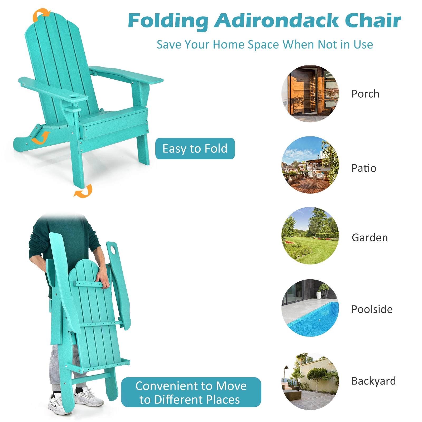 SUGIFT 330-lb Capacity Turquoise Fade Resistant PE Folding Adirondack Chair with Built-in Cup Holder