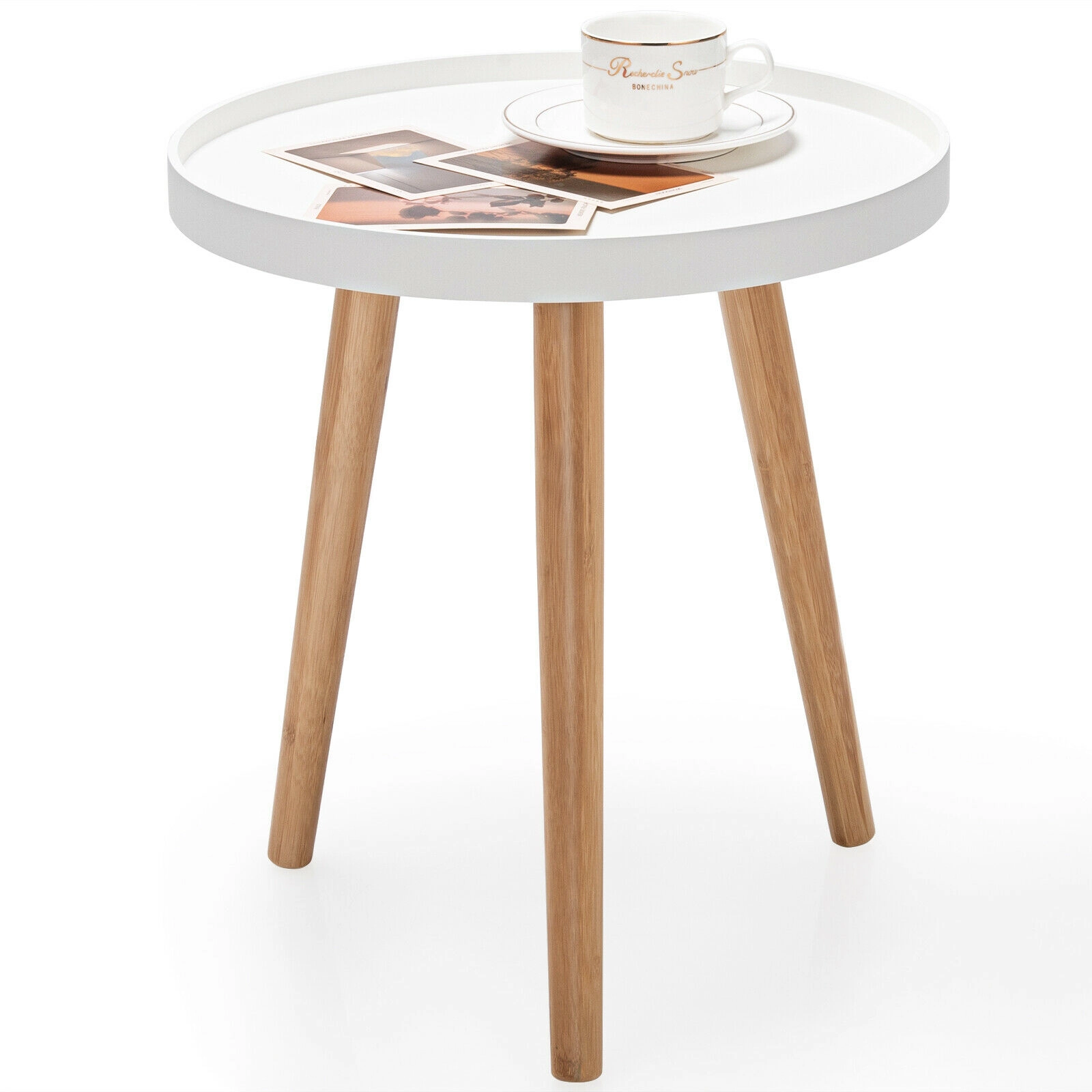 Glintex Round Tray-Top Side Table with Lipped Edge and Bamboo Legs, White