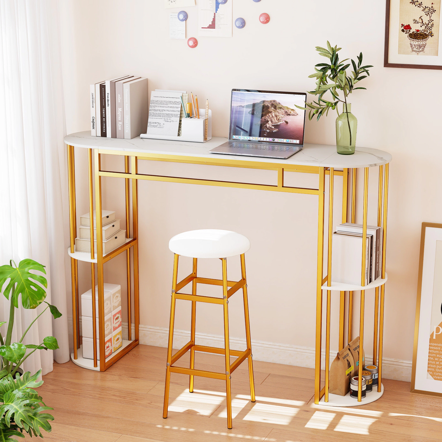 SUGIFT 60-in Long Narrow Bar Table with Faux Marble Tabletop and Storage Shelves 135-lb Capacity Black/Golden and White