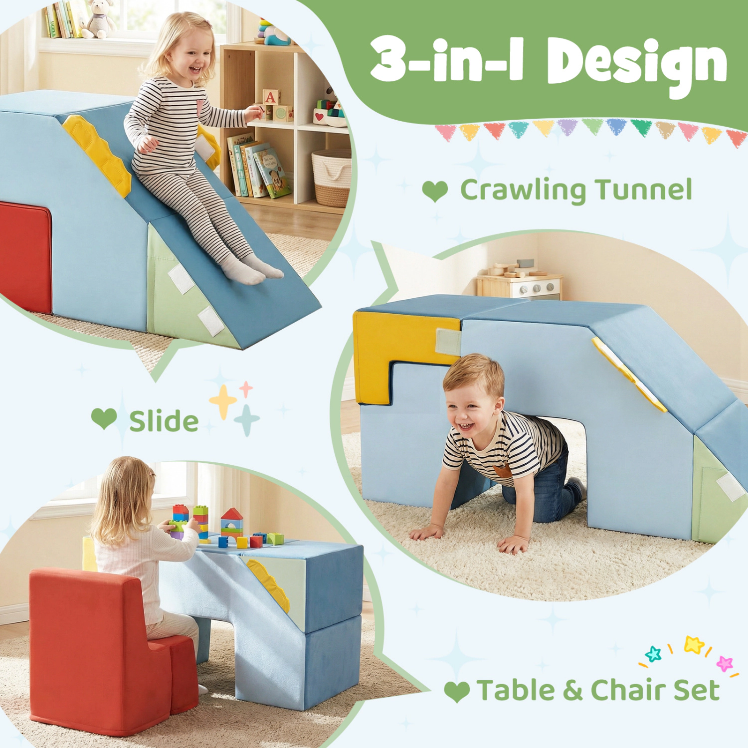 LJG Kids Soft Foam Blocks with Velvet Covers Convertible Table and Chair Set