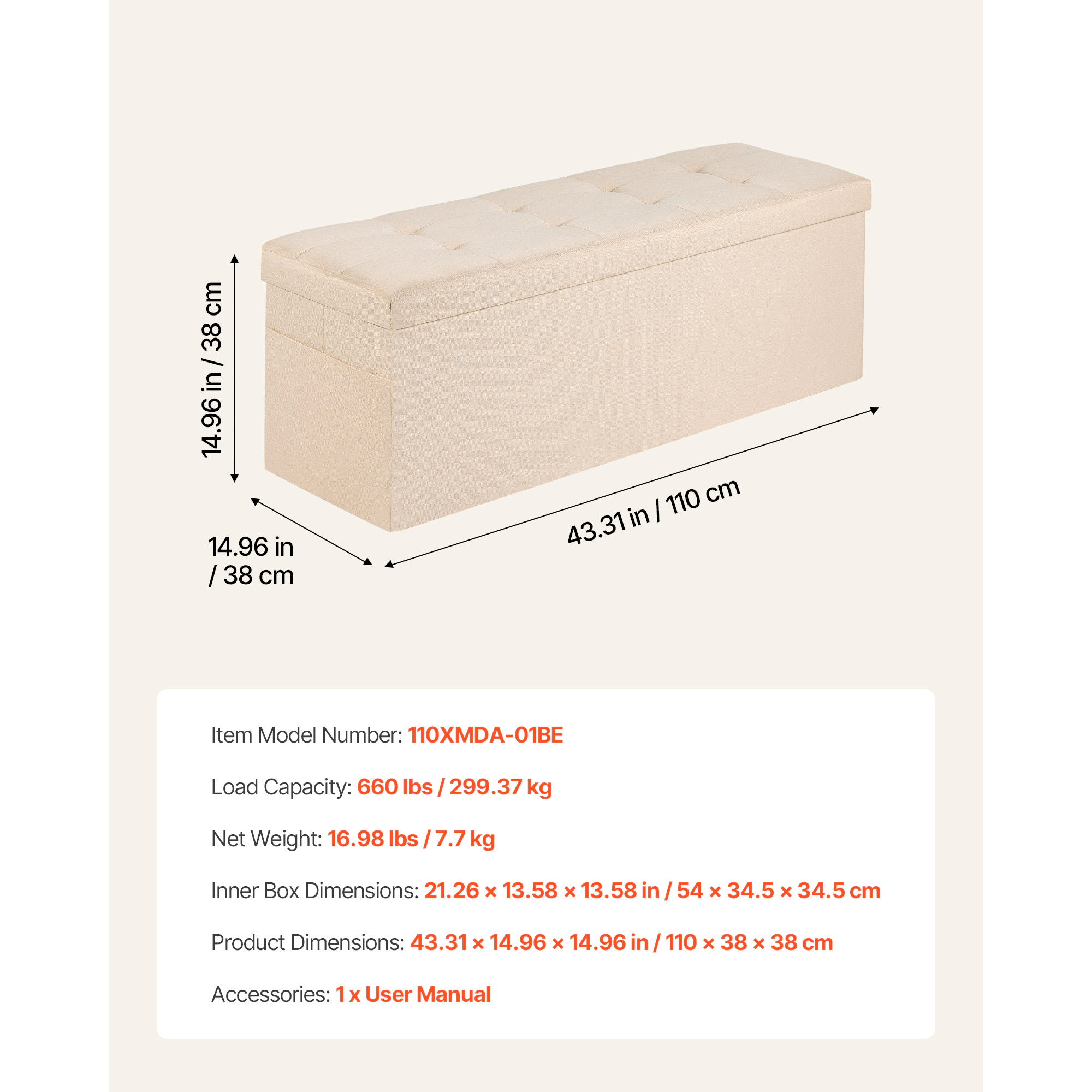HONGGE Foldable Storage Ottoman Bench End of Bed Bench with Side Bags Folding Upholstered Storage Chest Supports 660