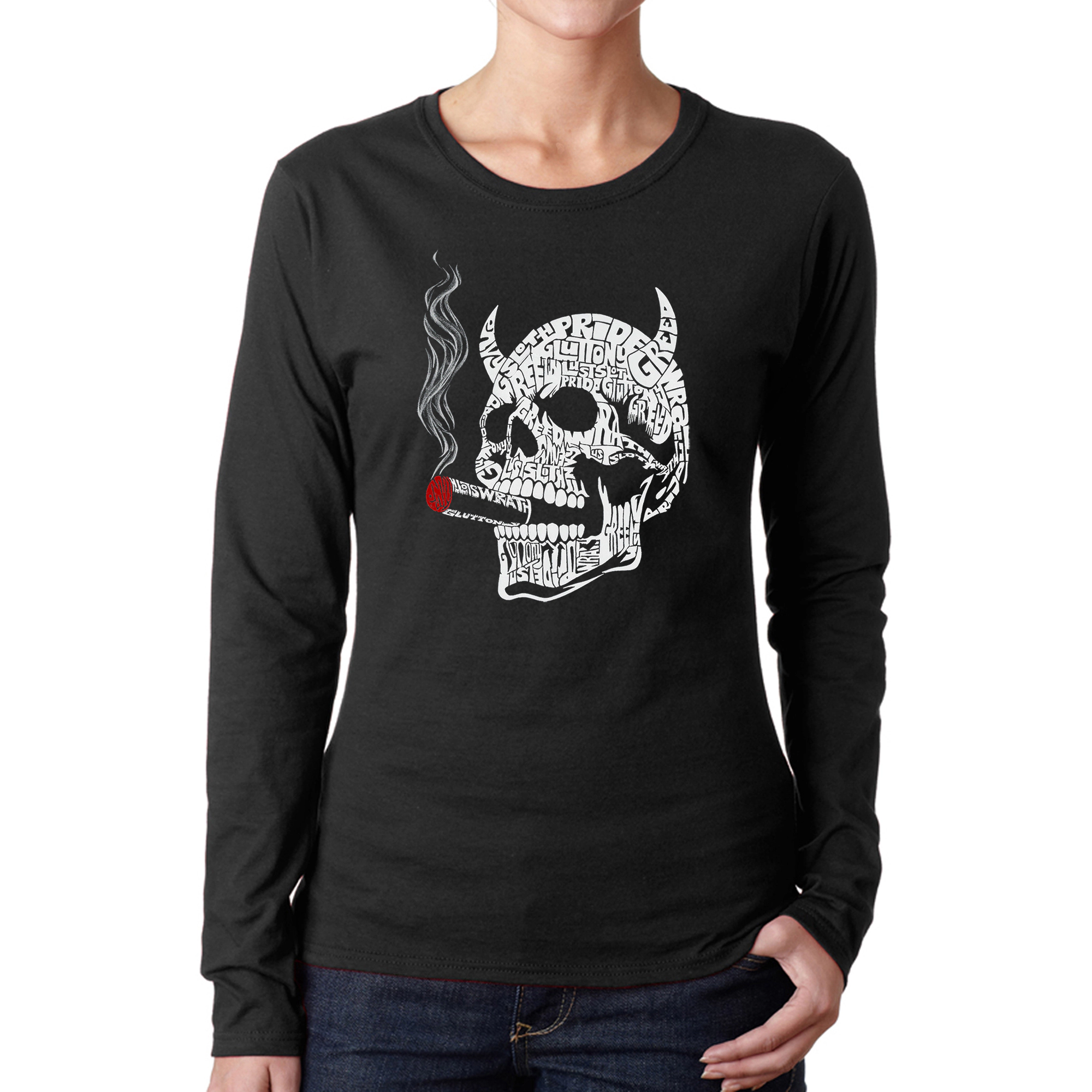 LA Pop Art Women's Word Long Sleeve T-Shirt - 7 Deadly Sins Skull