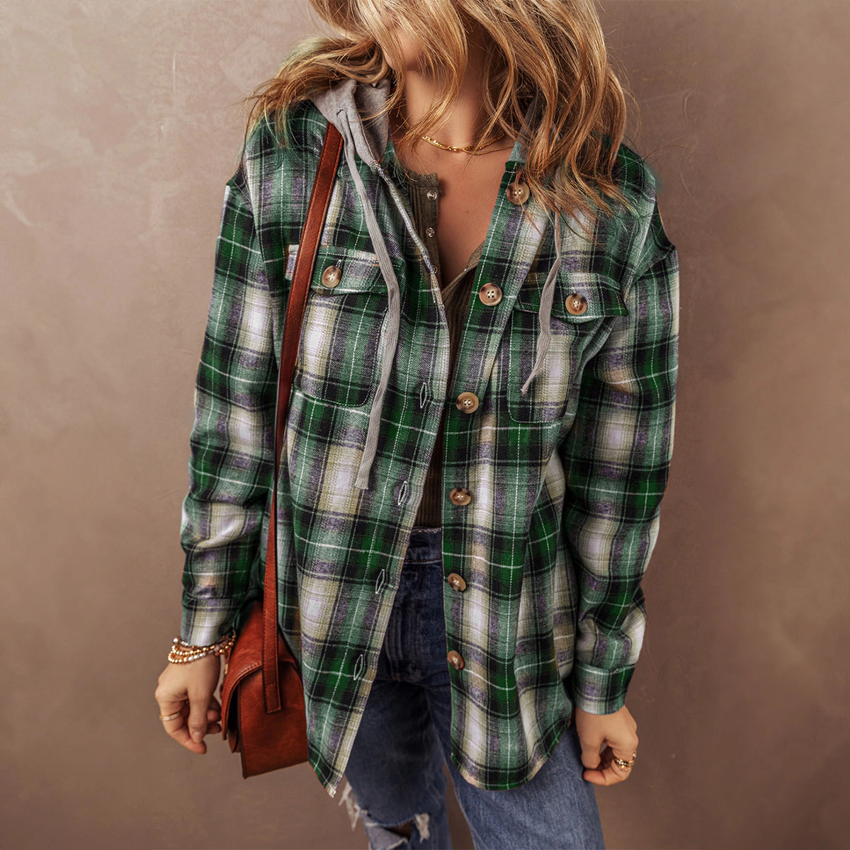 Sol Living Womens Plaid Print Chest Pocket Buttoned Hooded Shacket