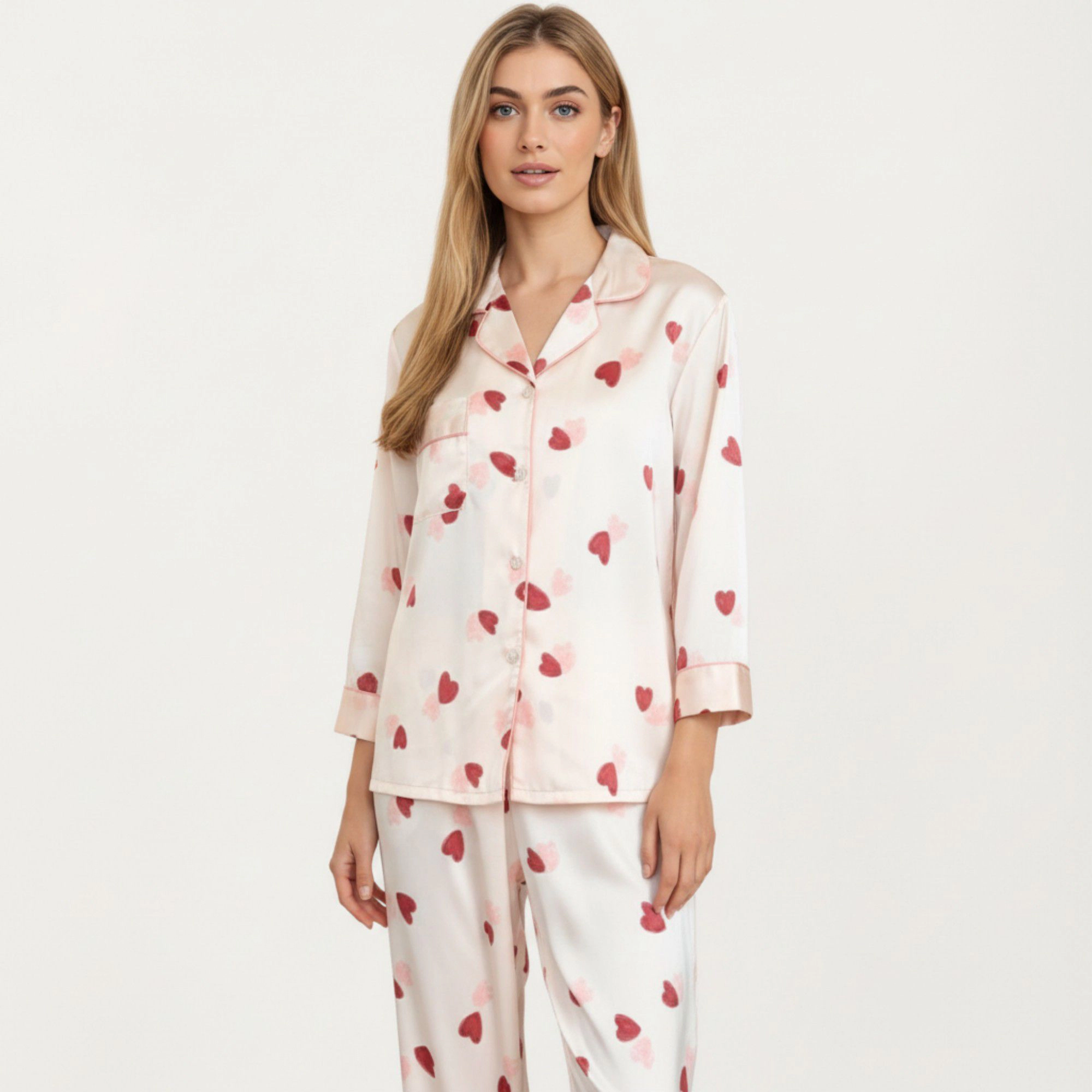 Anna-Kaci Women's 2-Piece Satin Valentine Heart Print Pajama Top Contrast Piping Matched Relaxed Straight Leg Pants