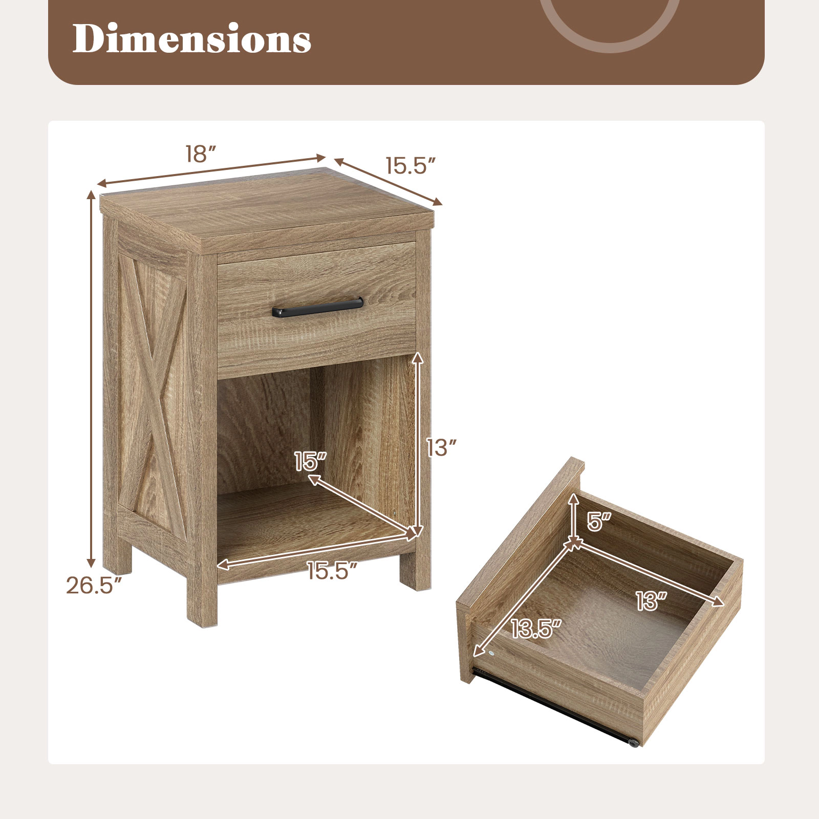Hivvago Wooden Bedside Unit with Shelf and Pull-Out Drawer