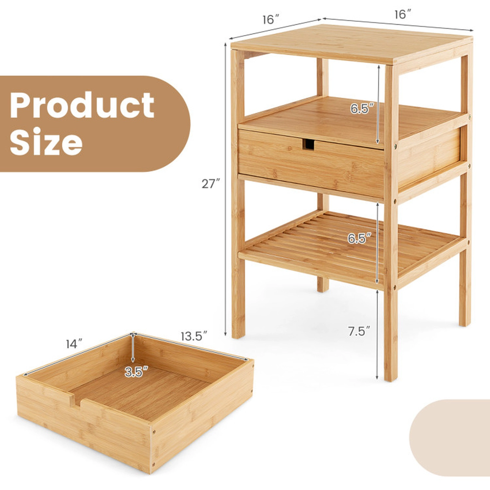 SUGIFT Bamboo Nightstand with Storage Drawer and Slatted Shelf 66-lb Tabletop Capacity Natural