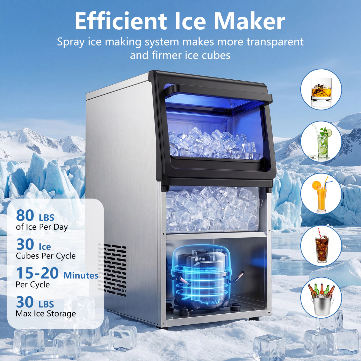 LJG Stainless Steel Spray Ice Maker with 30 LBS Storage Capacity and 80 LBS per Day