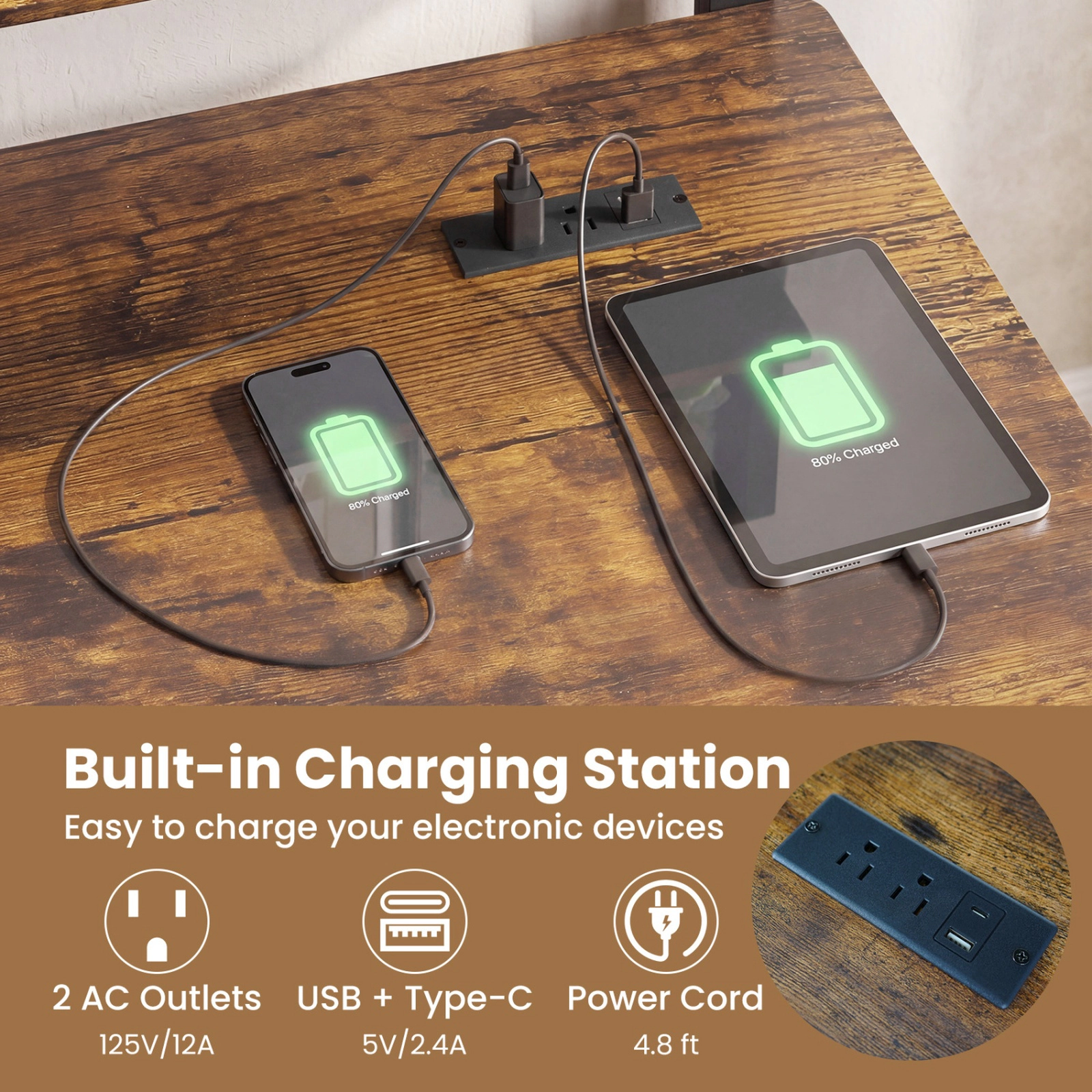 SUGIFT 39.5 in Rolling Computer Desk Rustic Brown with Charging Station and Monitor Shelf