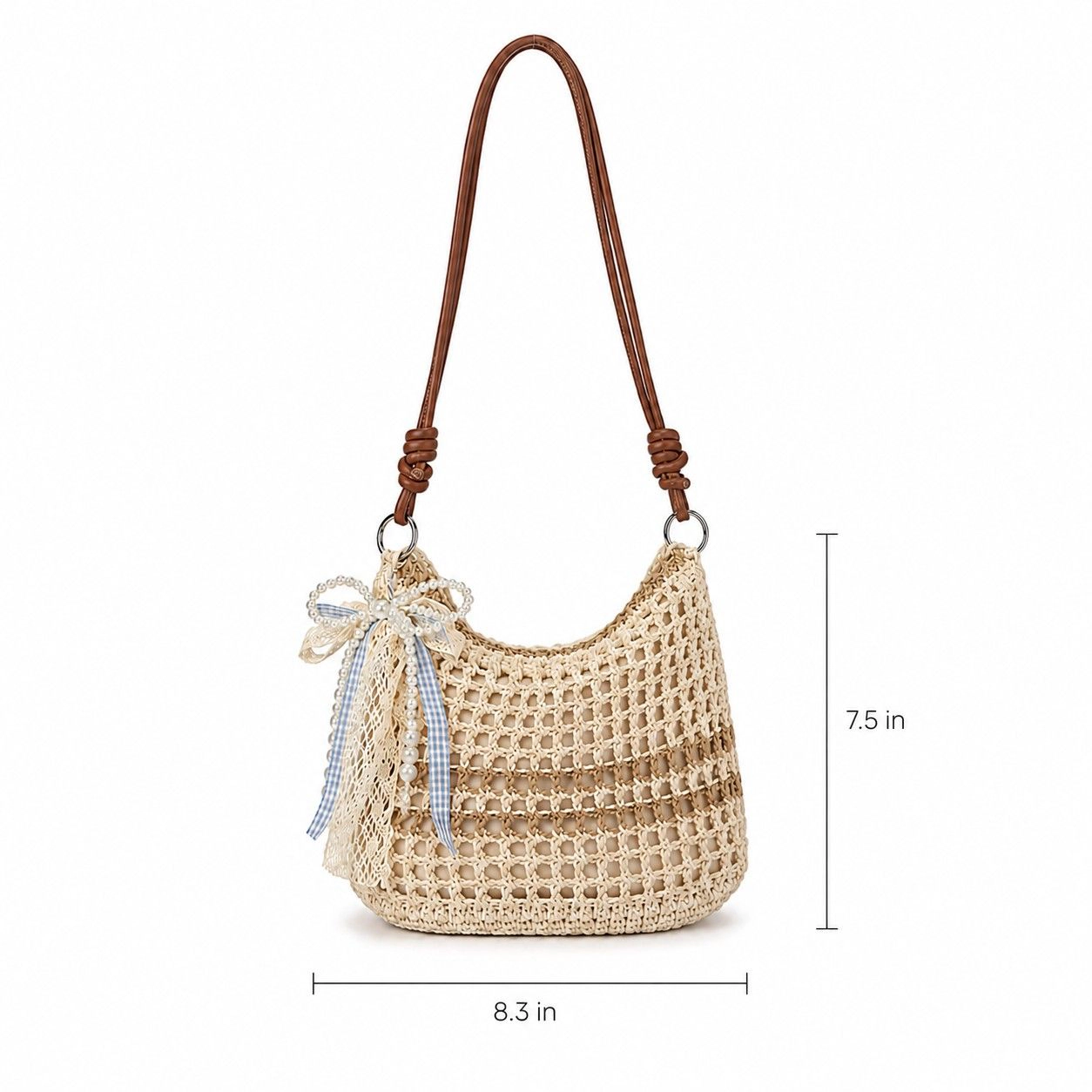 Alilang Women's Decorative Woven Crossbody Bag with Pearl Charm, Scarf Accent and Zip Closure, Khaki