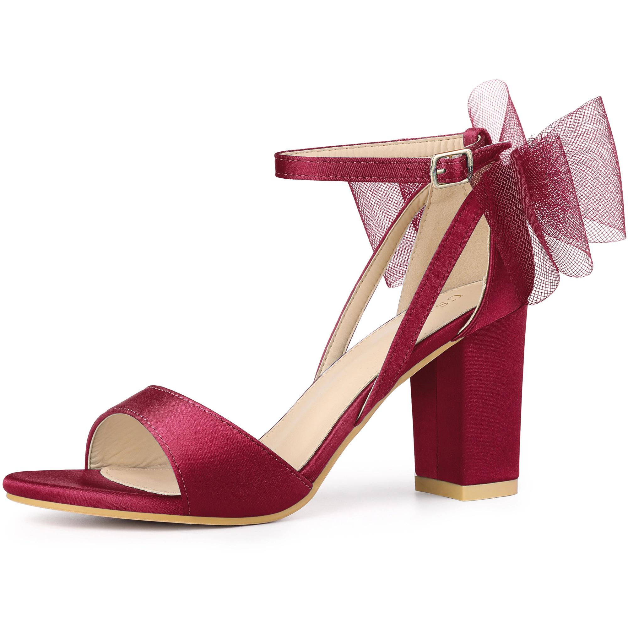 BLISSFUL STEP Women's Satin Chunky Heel Open Toe Bridal Bow Sandals