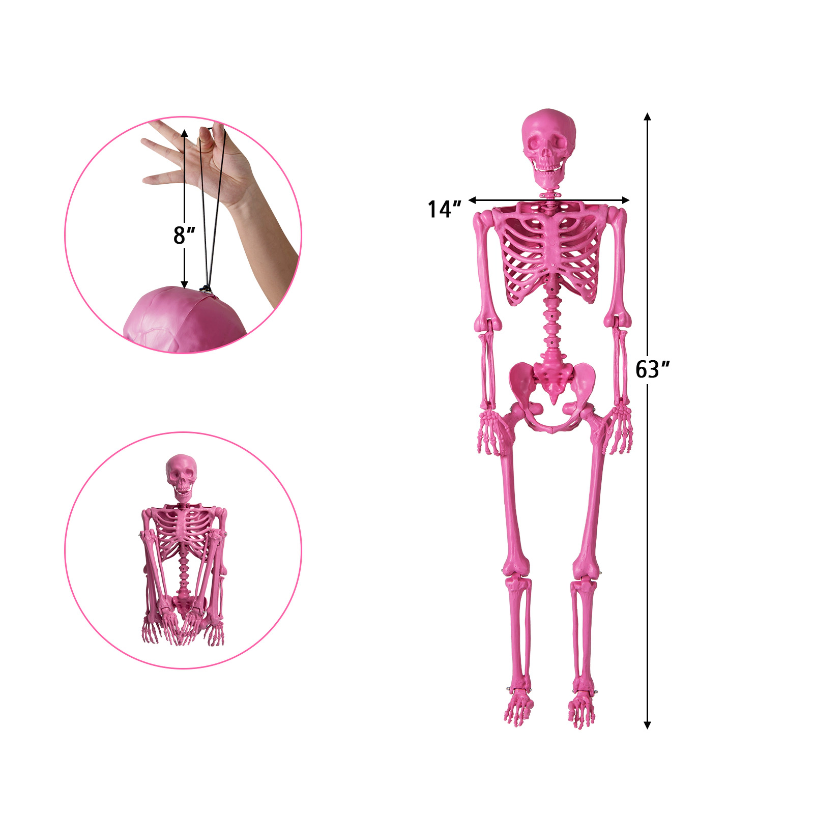 LJG 5.5 FT Life-Size Halloween Poseable Skeleton Pink Movable Joints