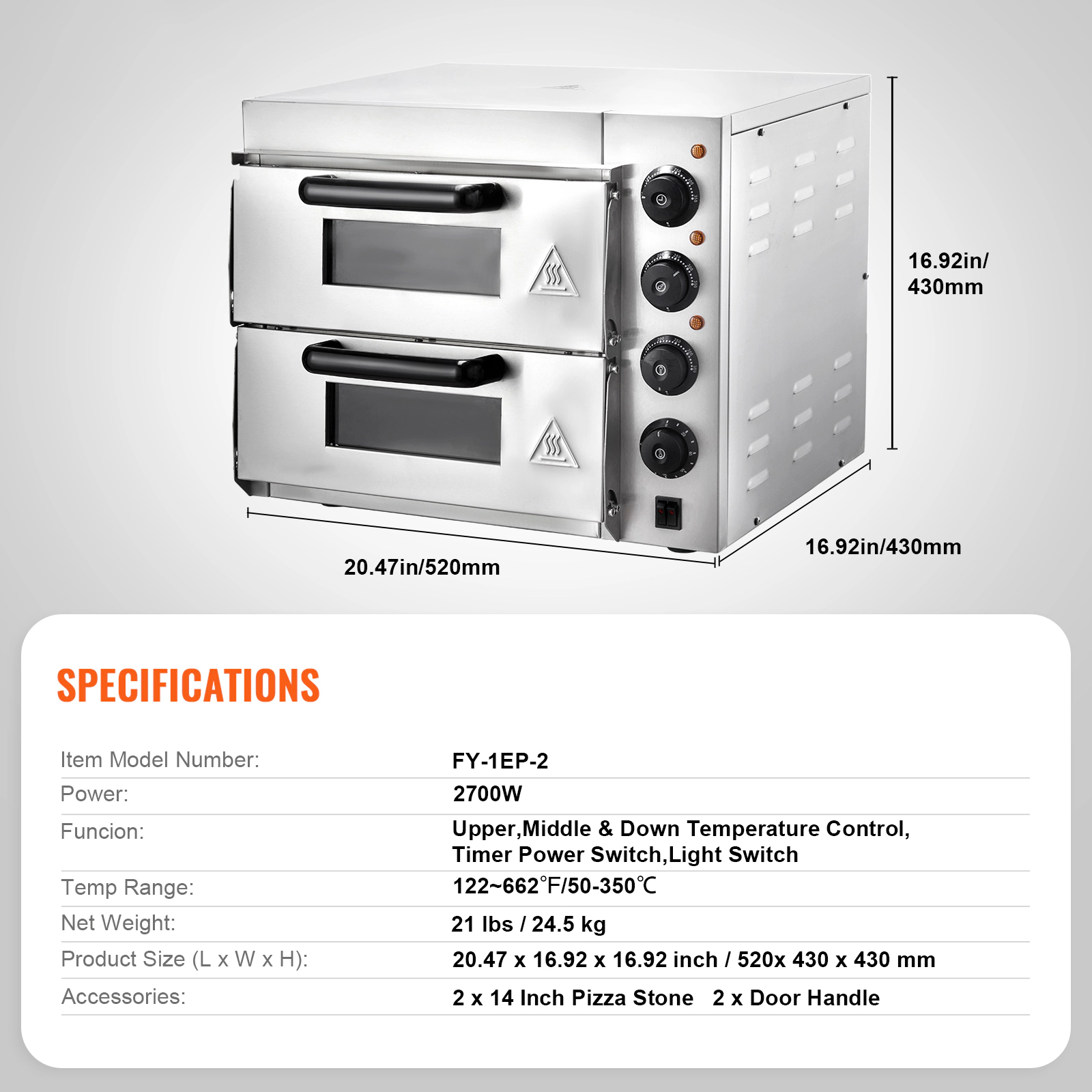 HONGGE Commercial Pizza Oven Countertop, Double Deck Layer, Stainless Steel Electric Pizza Oven with Stone and Handle