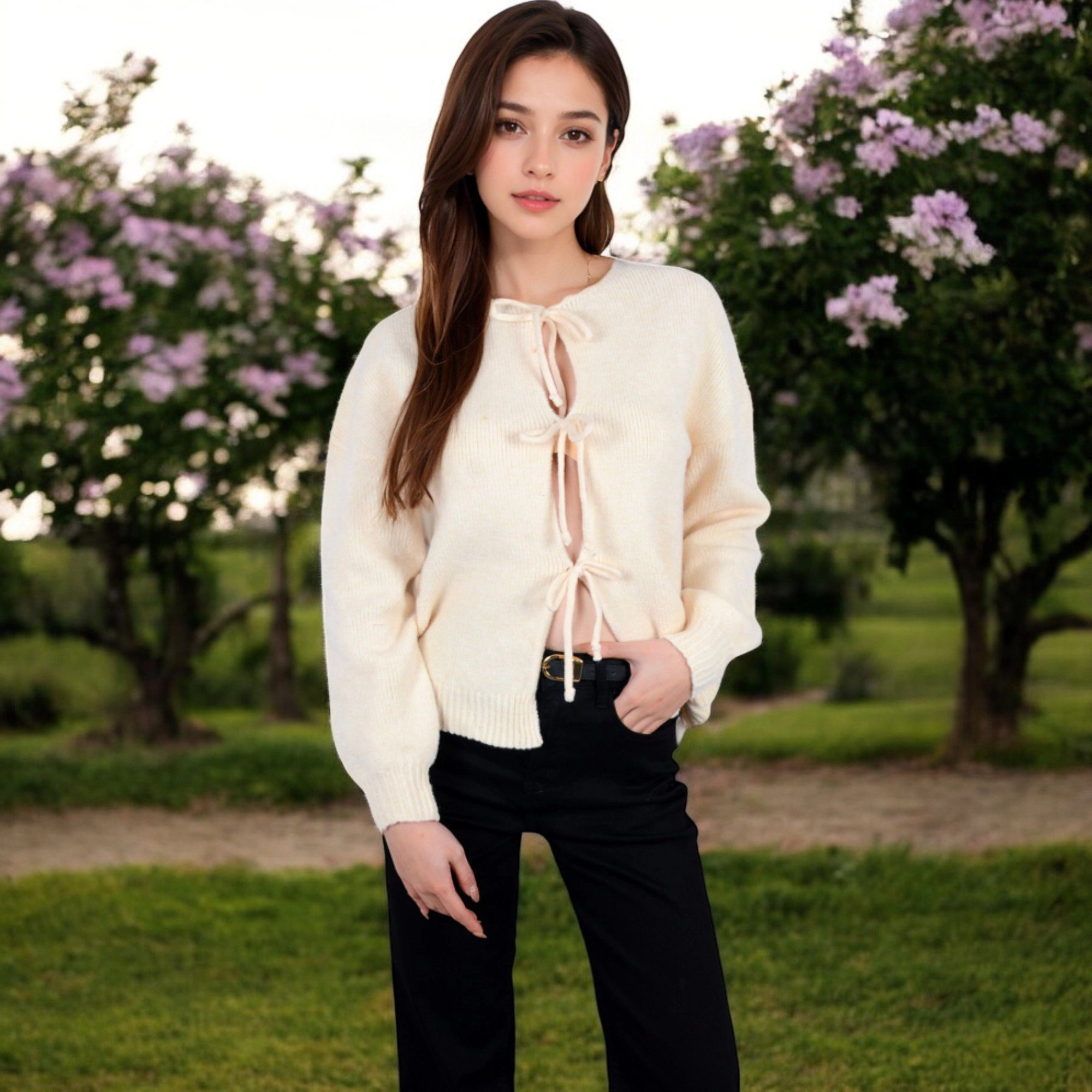 Anna-Kaci Women's Tie Front Knit Cardigan with Long Sleeves and Open