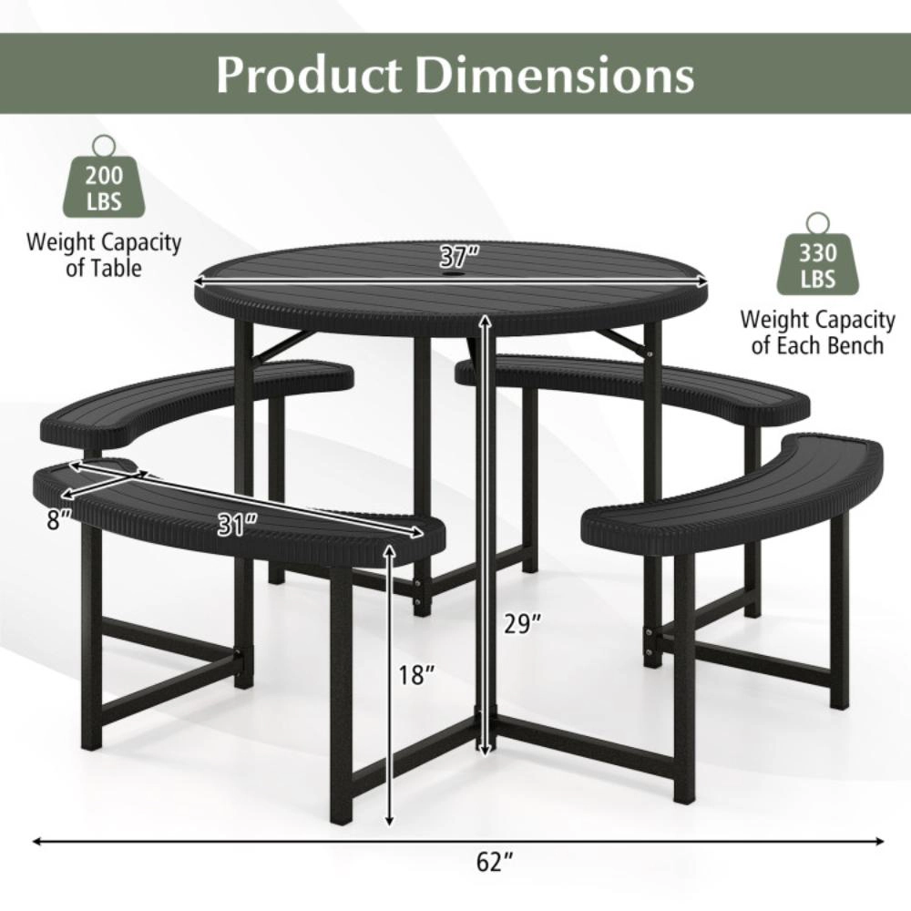 Hivvago Round Picnic Table Bench Set With 4 Benches And Umbrella Hole For Patio Lawn