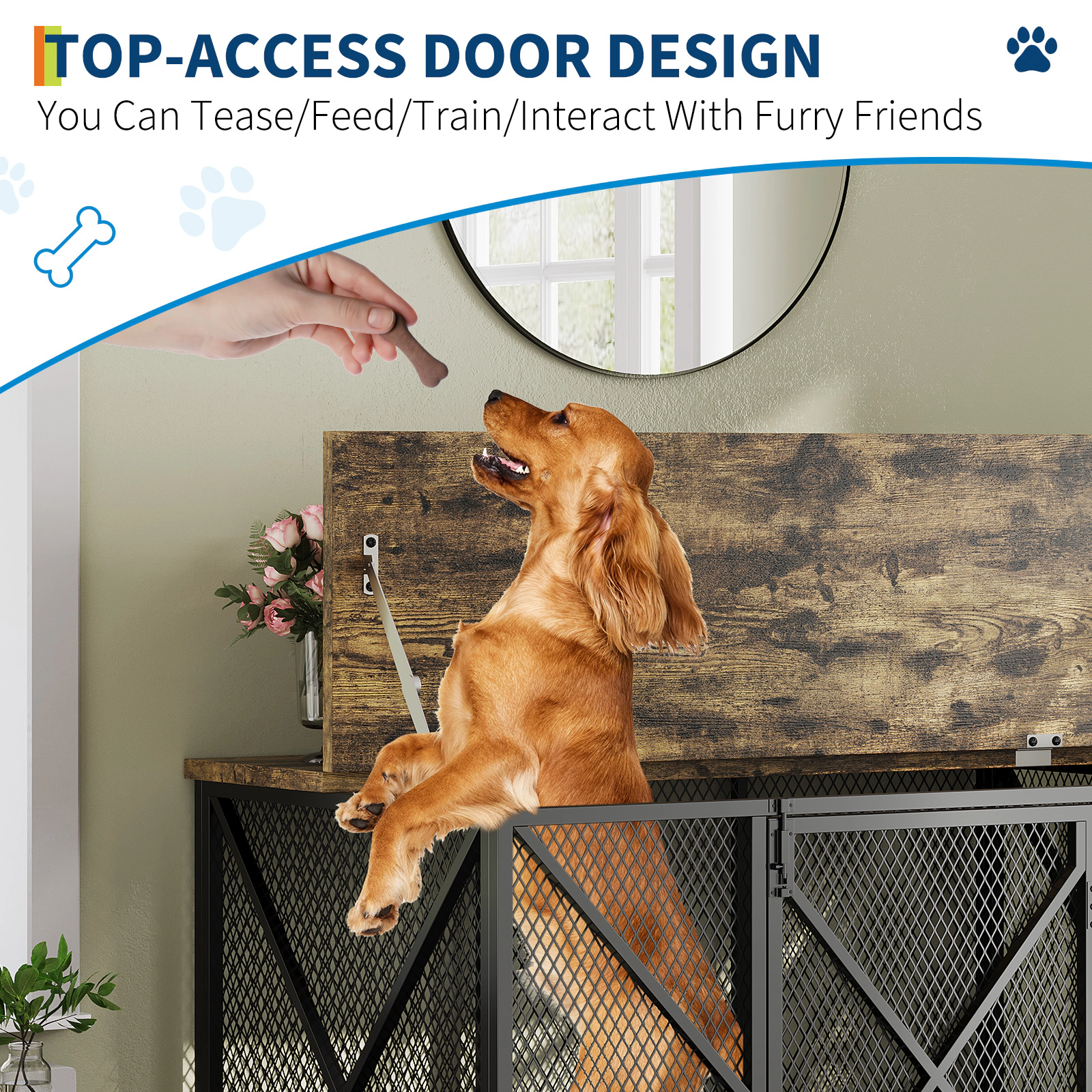 48" Large Dog Crate Furniture with Flip-up Top & Lockable Wheels, Decorative Pet Cage End Table for Medium Dogs