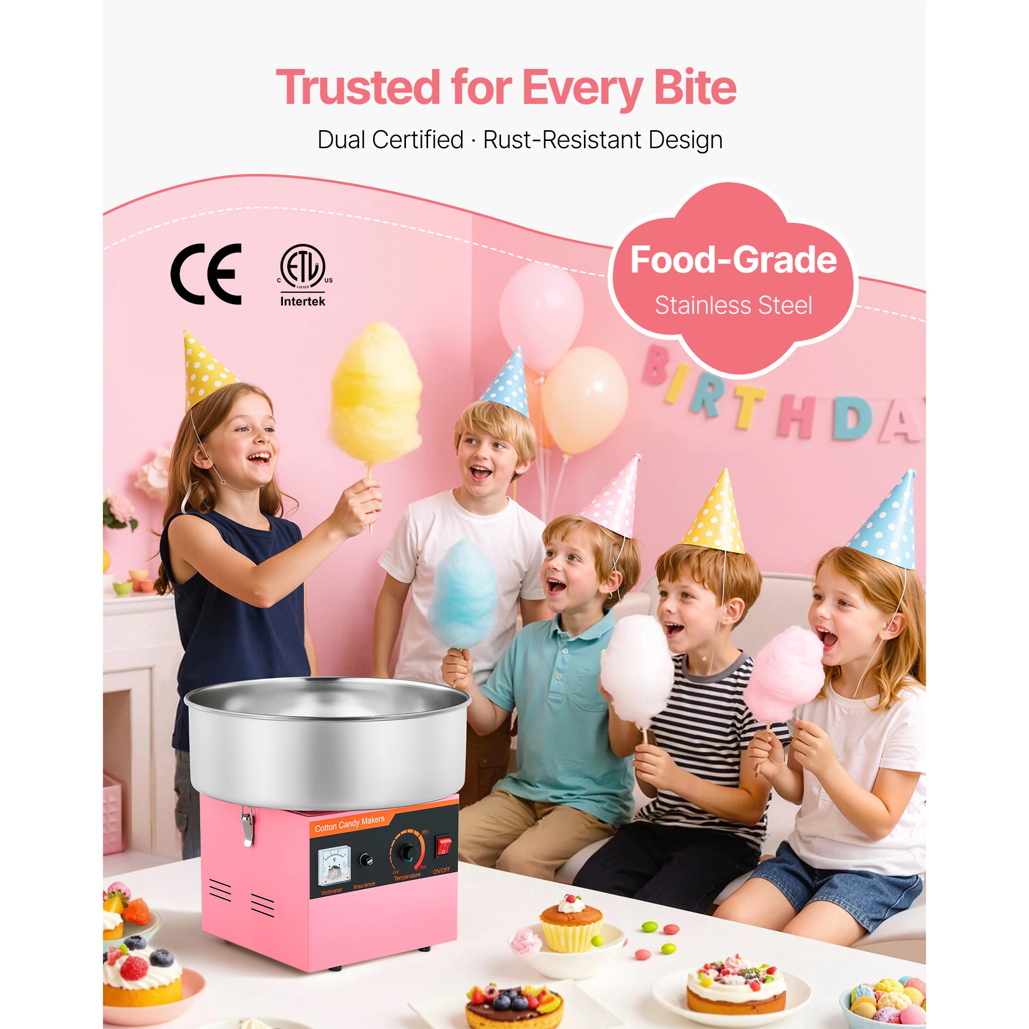 HONGGE Cotton Candy Machine Commercial 1000W Electric Candy Floss Maker Easy Use with 15 inch Stainless Steel Bowl and
