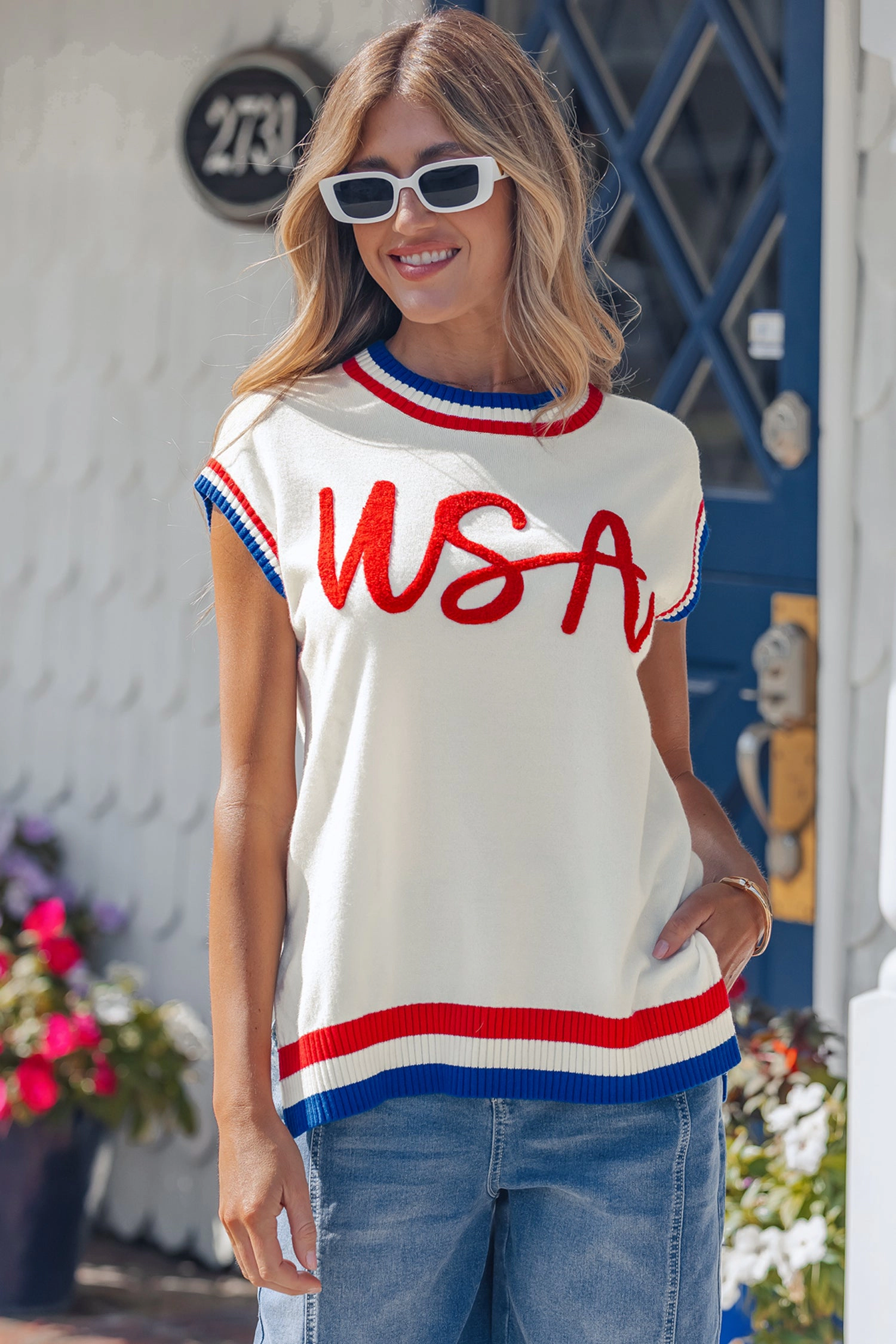 Threaded Pear Peyton Trim Short Sleeve Sweater