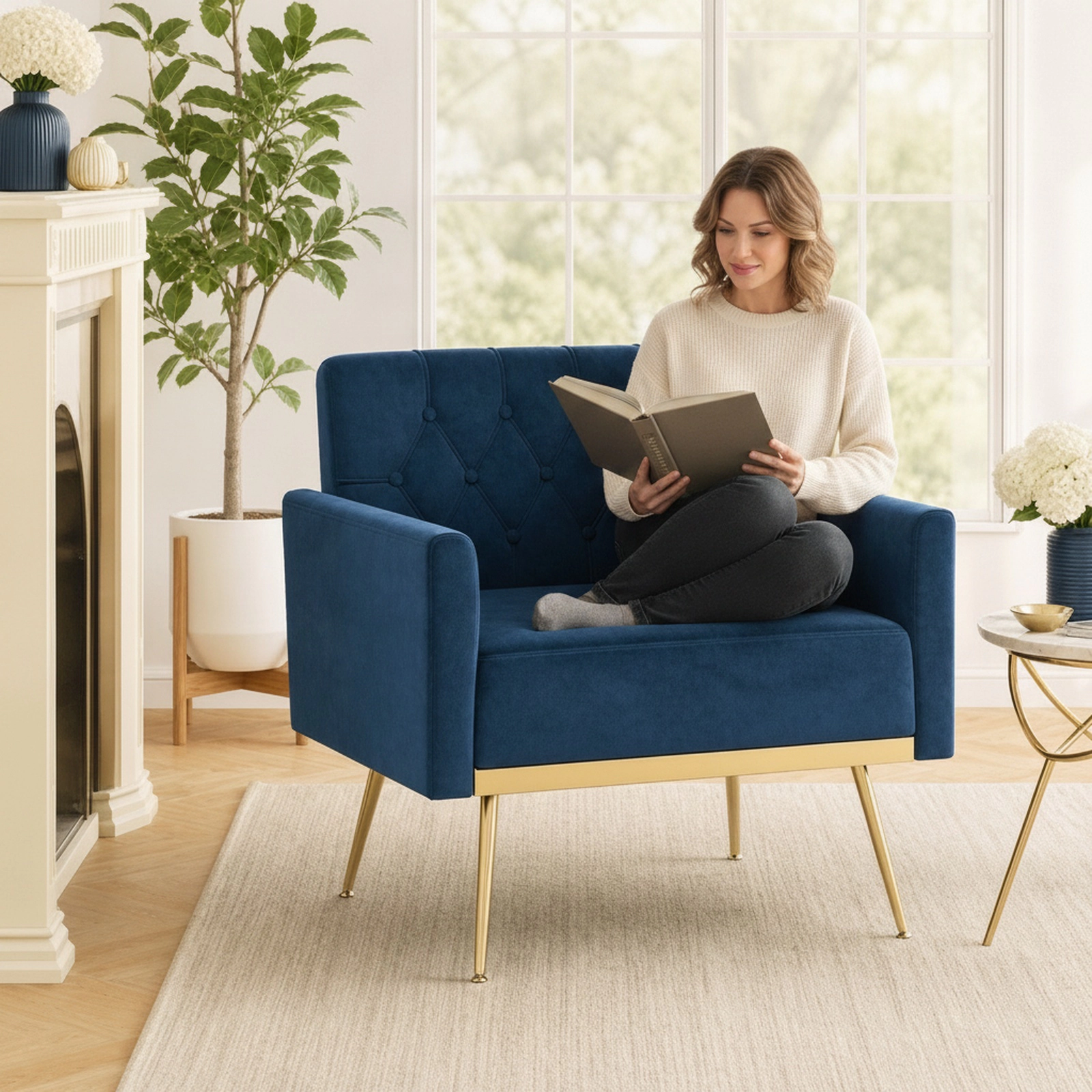 Modern Blue Velvet Accent Chair with Button-Tufted Back and Metal Legs
