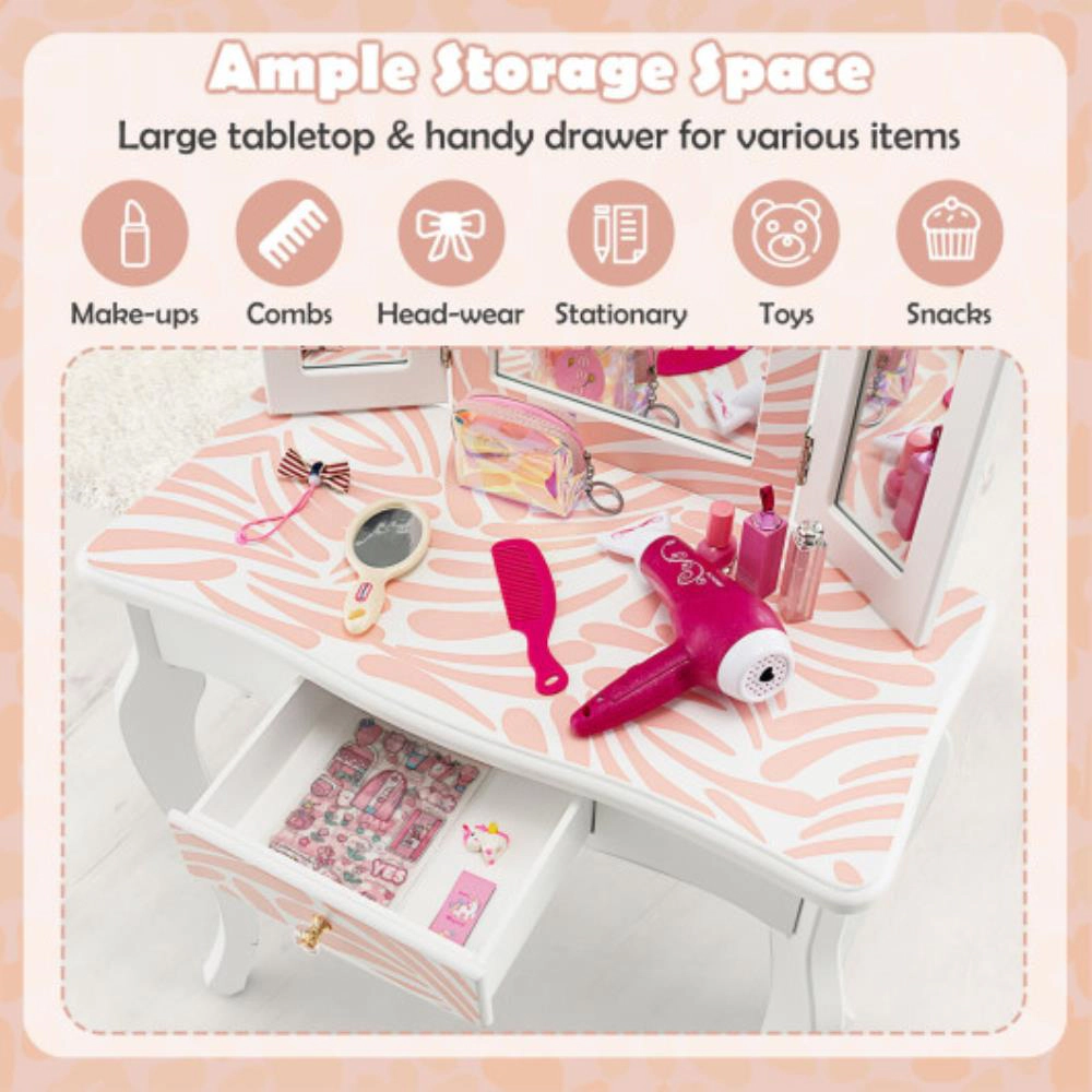 Hivvago 2-In-1 Kids Vanity Table Set With Tri-Folding Mirror-Pink