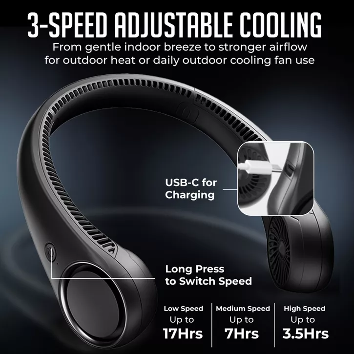 Luminuxe Portable Neck Fan, Rechargeable Hands-Free Wearable Fan w/ 3-Speed Adjustable Cooling, Lightweight Outdoor Fan