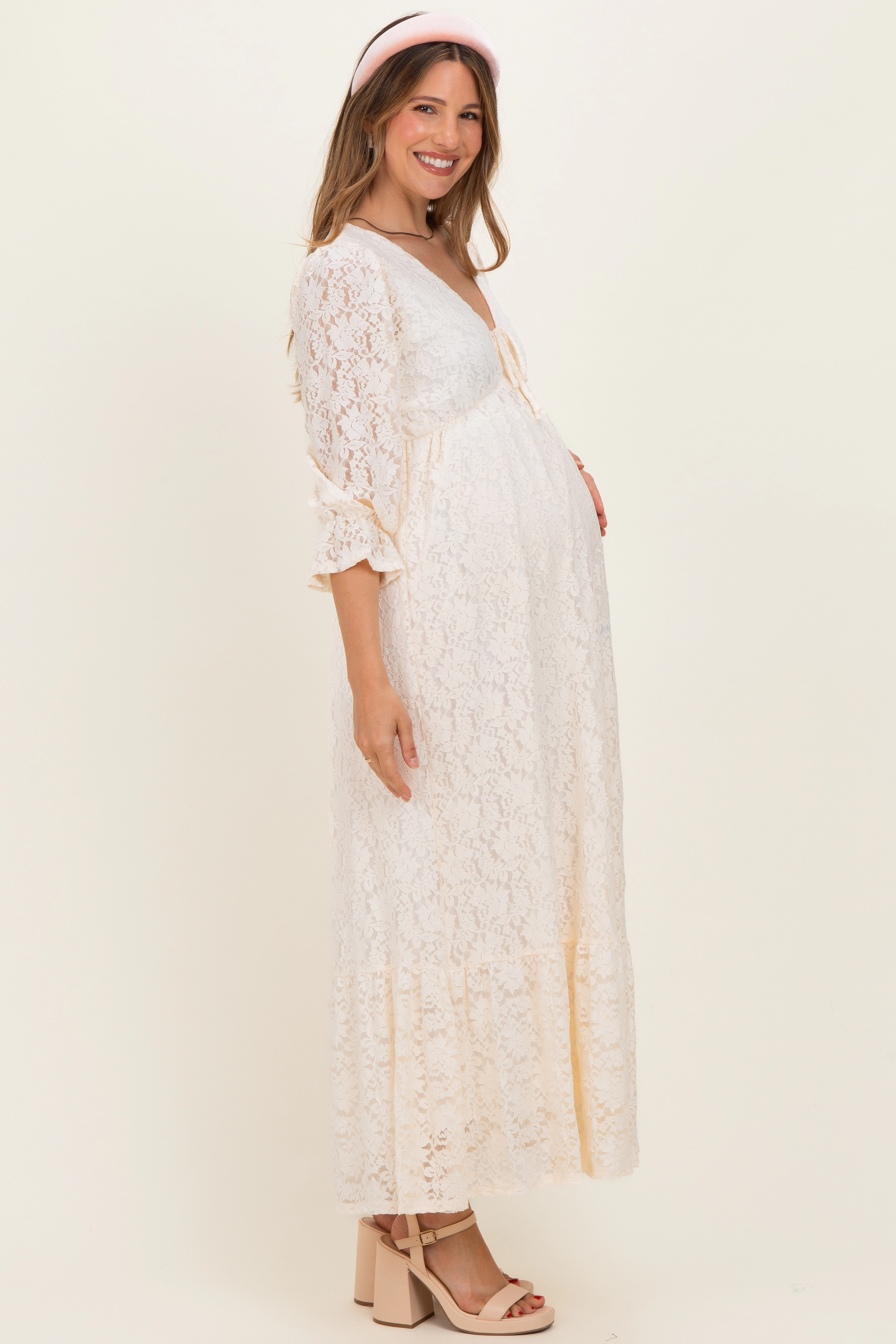 PinkBlush Womens Ivory Floral Lace 3/4 Ruffle Sleeve V-Neck Maternity Maxi Dress